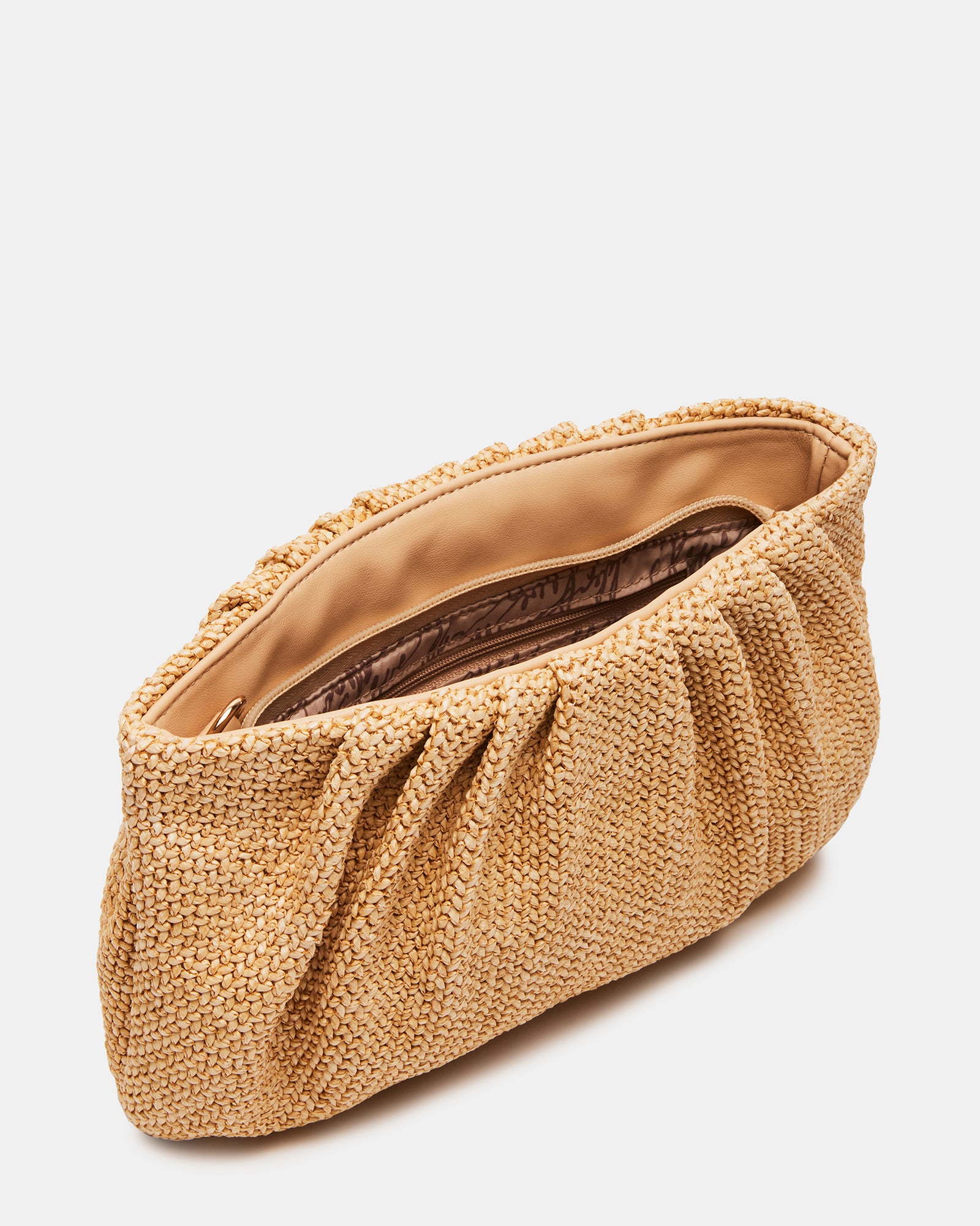 Close-up of the natural raffia handbags textured weave and removable chain strap.