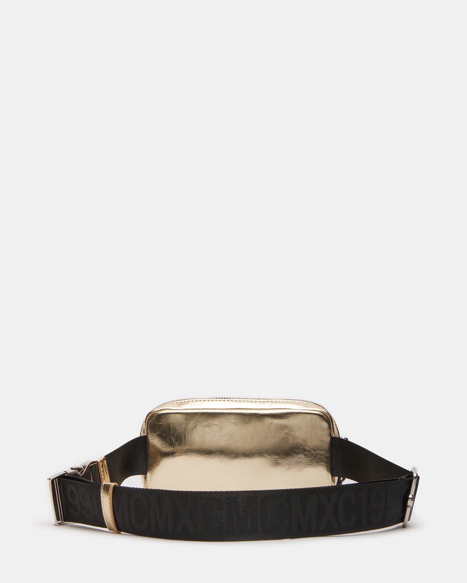 Top view of coach-style belt bag with leather texture and gold finish
