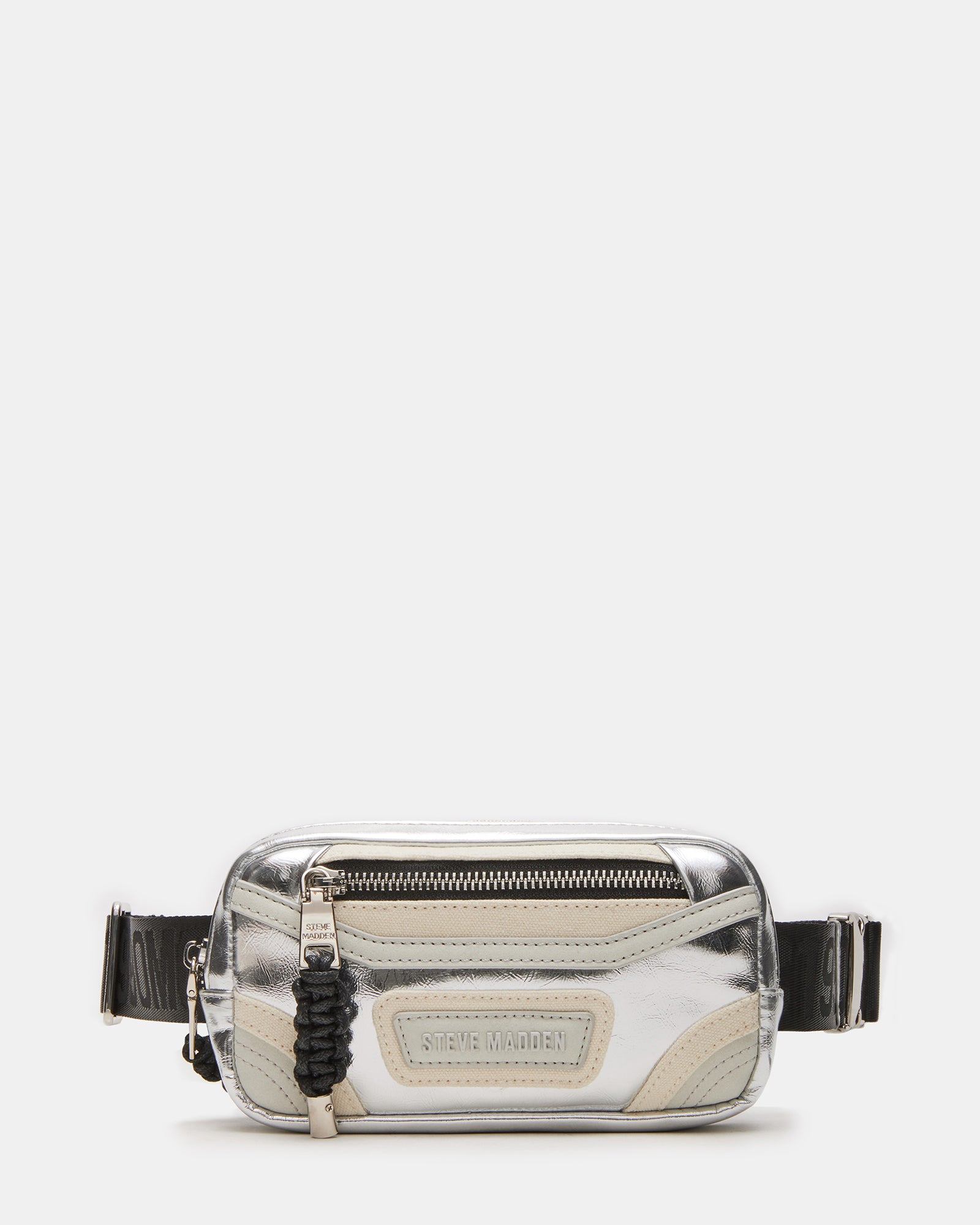 Madridd sporty belt bag in silver, showcasing adjustable strap and logo detail.
