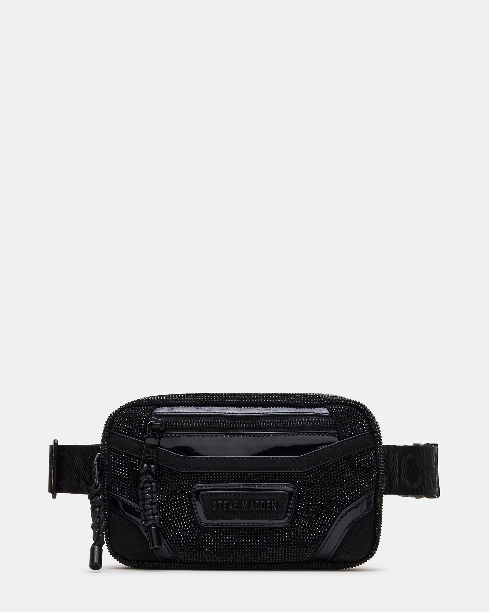 Front view of Madrid belt pack showing rhinestone zip and webbed strap in black
