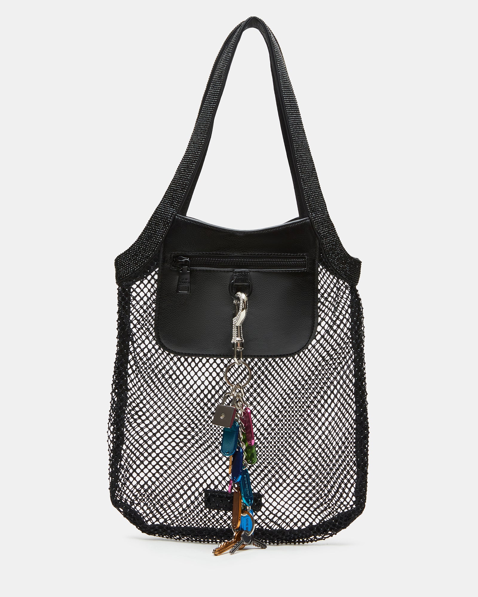 Elegant black leather shoulder bag with rhinestone strap and curb chain charm.