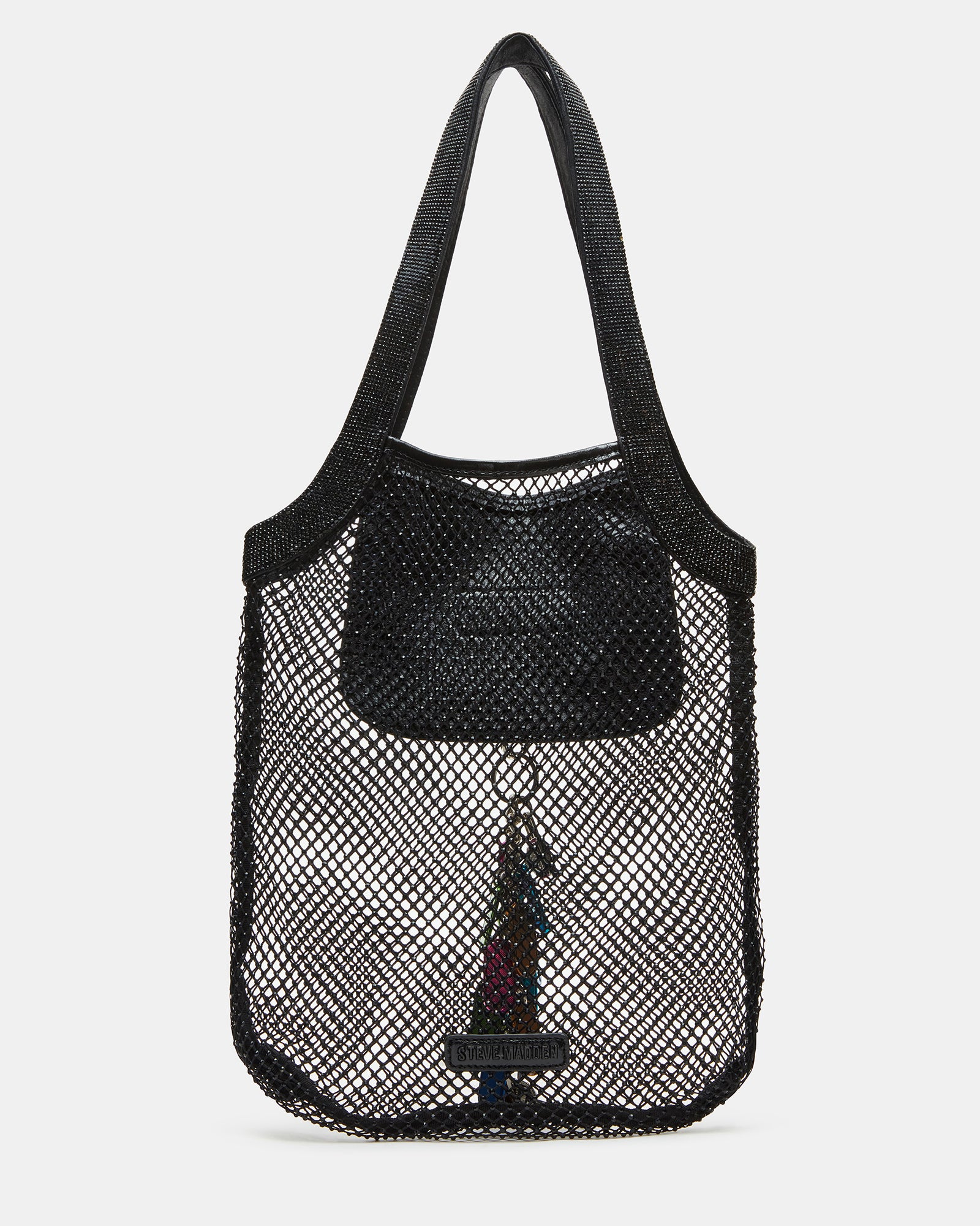 Close-up of the rhinestone shoulder strap on a black tote bag with chain charm.