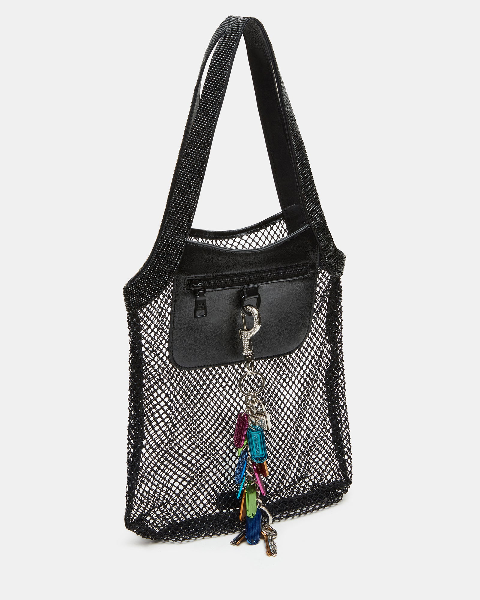 Elegant black leather shoulder bag with rhinestone strap and curb chain charm.