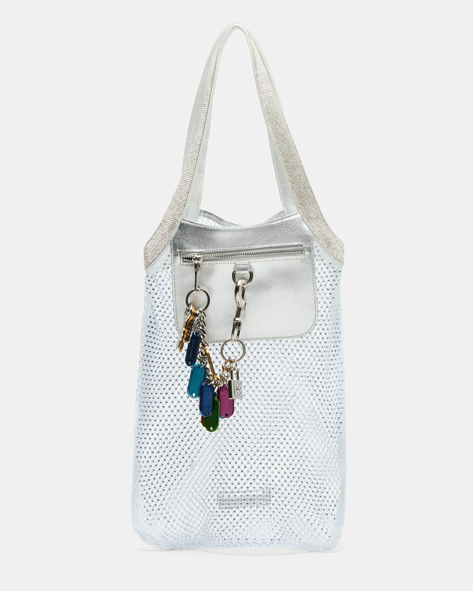 Close-up of MAKIA white leather tote bag showing rhinestone strap details