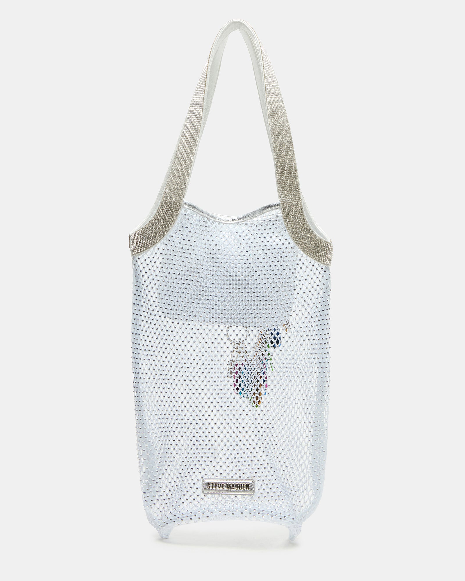 Front view of the tote bag white with charm accessories displayed