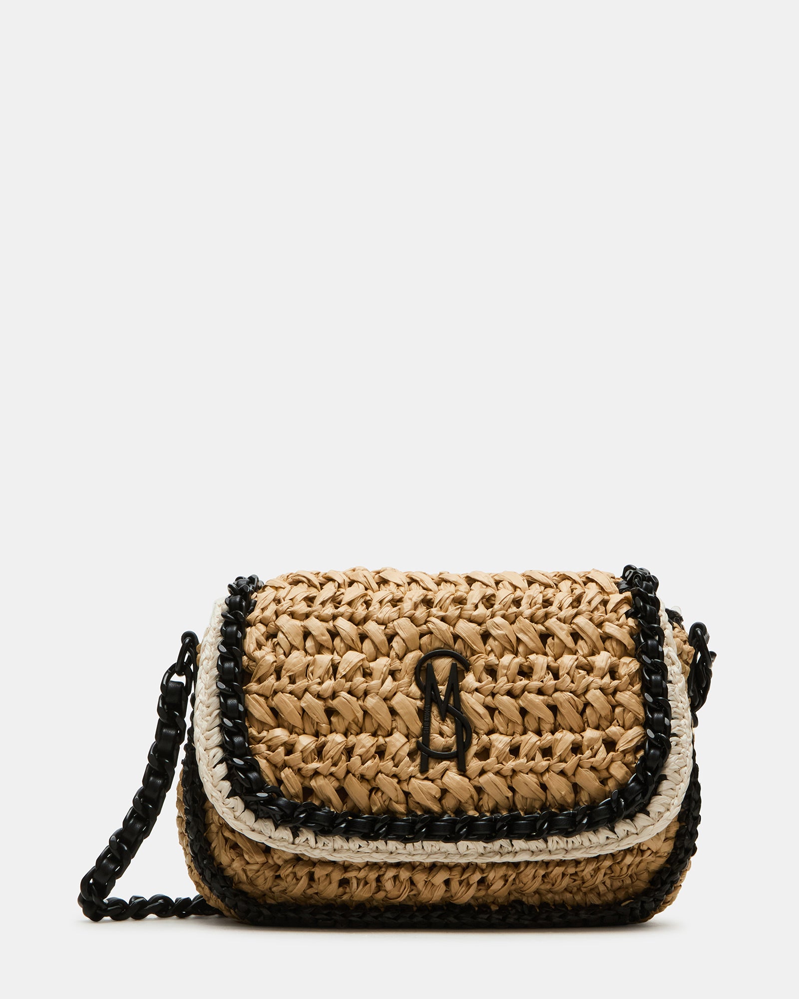 Front view of straw crossbody bag with flap closure and gold chain strap