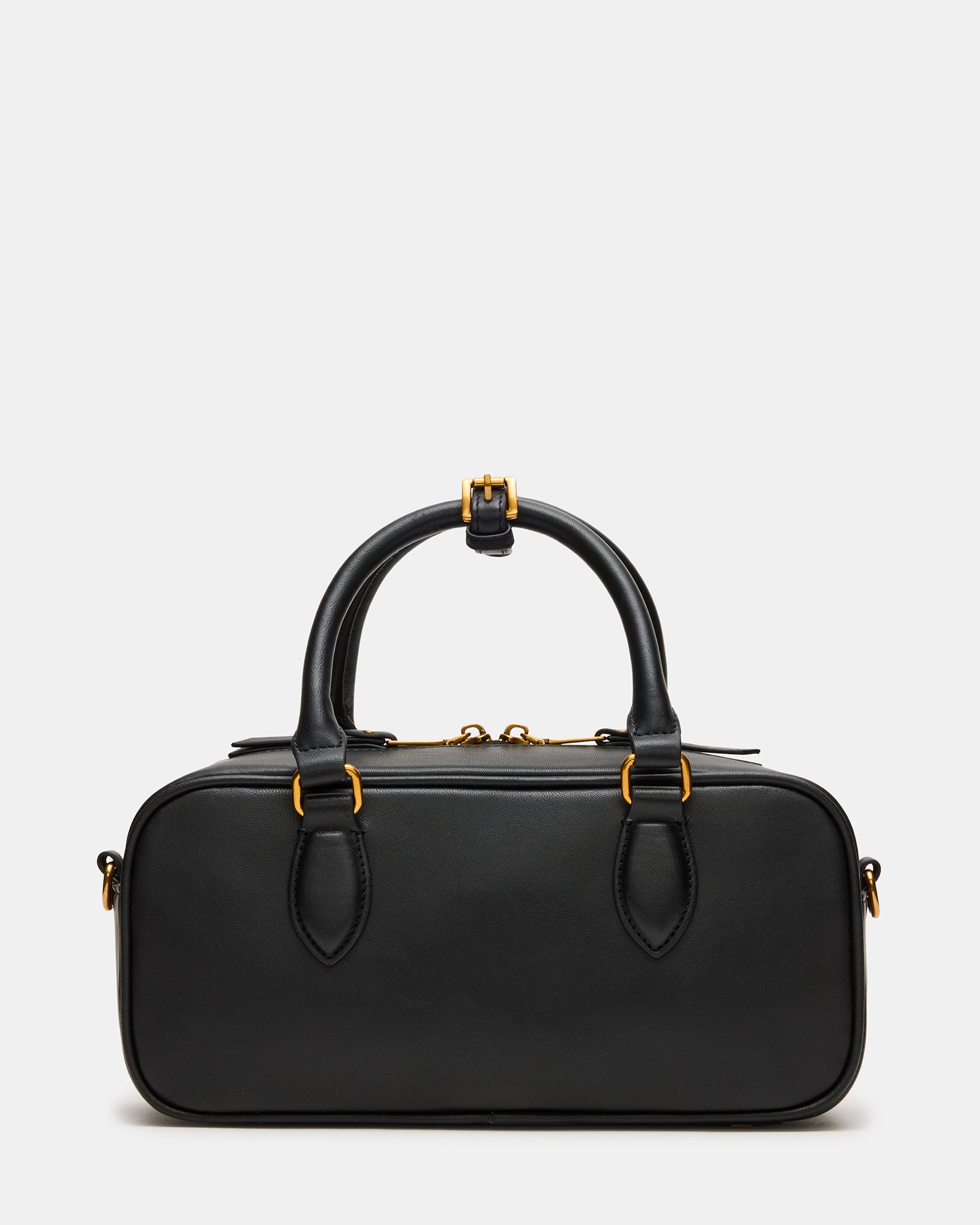 Close-up of buckle detailing on the black leather top-handle bag.