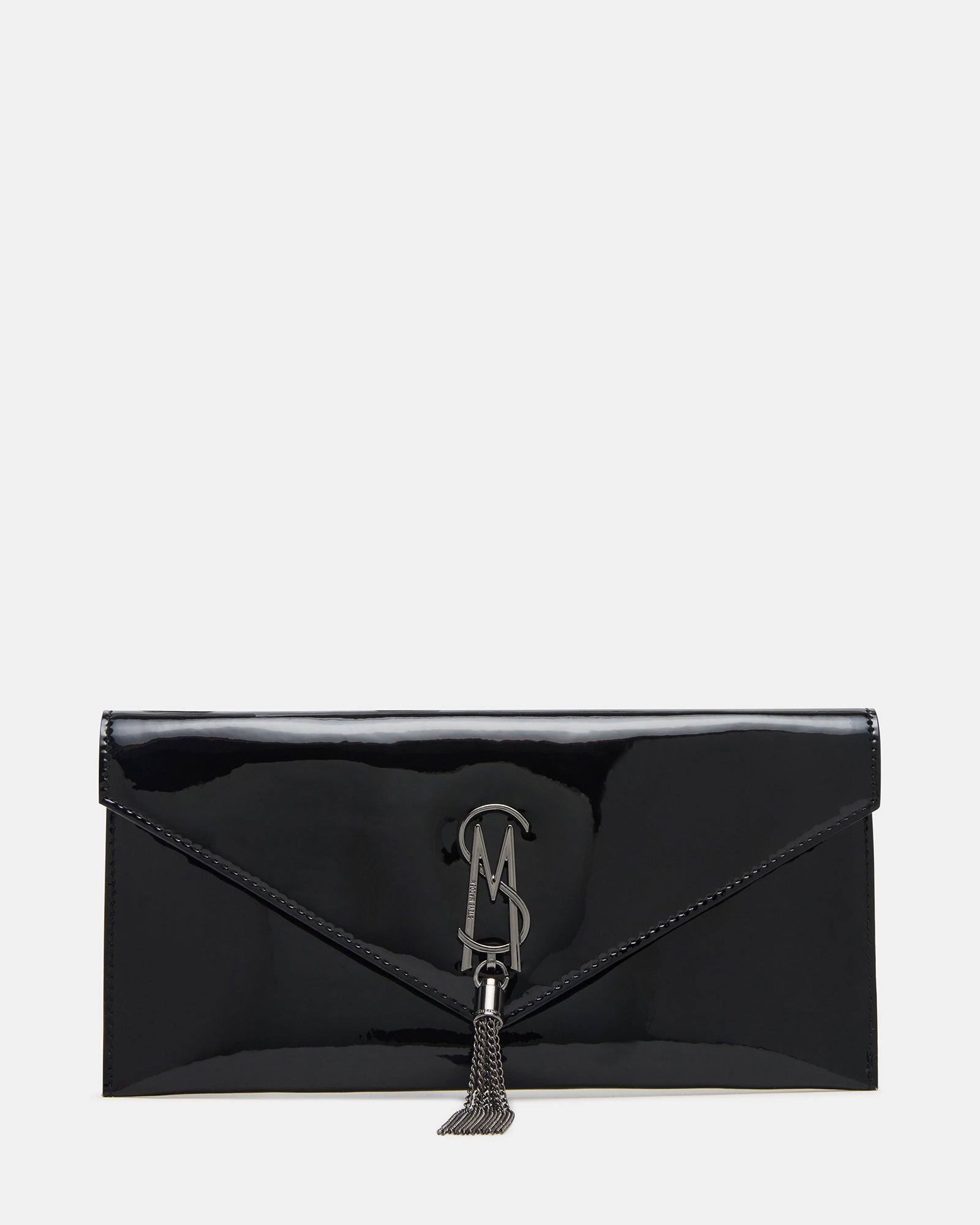 Morgana black patent clutch handbag with chain tassel detail