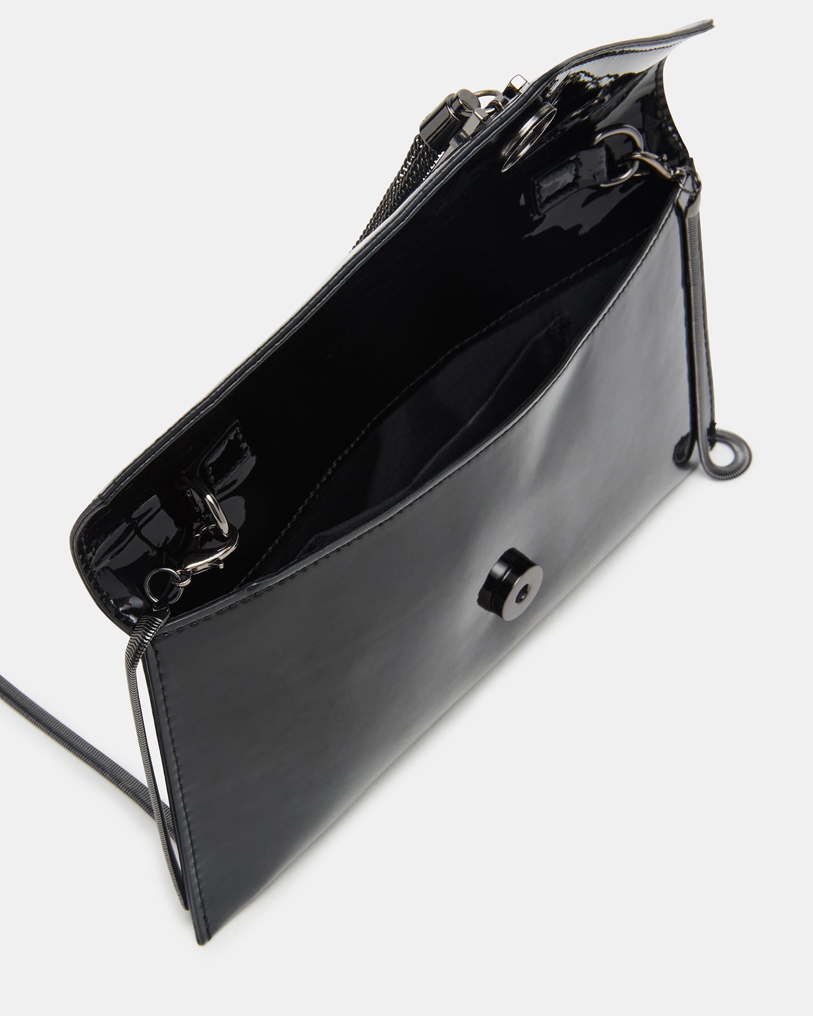 Morgana black patent clutch handbag with chain tassel detail