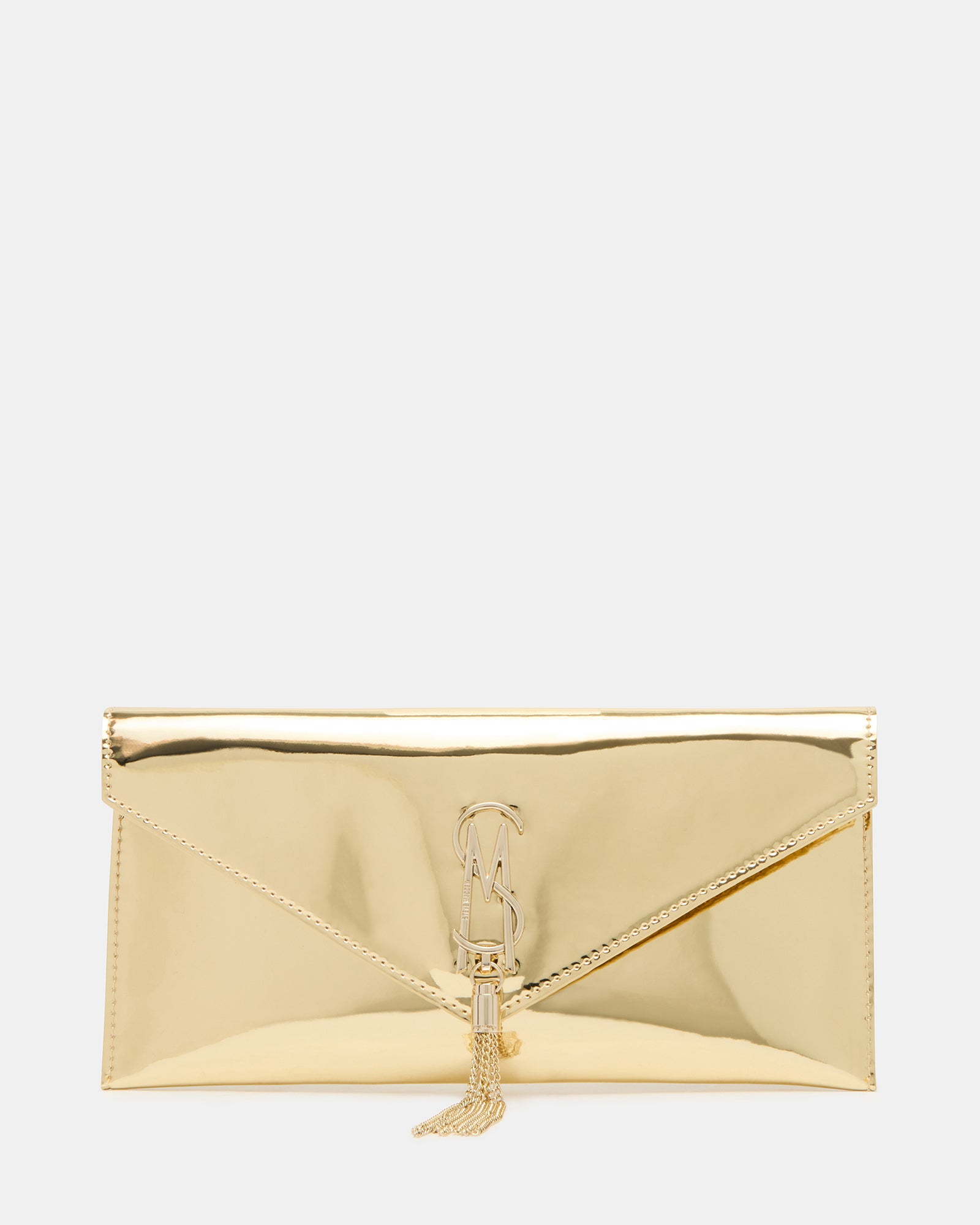Front view of envelope clutch bag with gold tassel detail