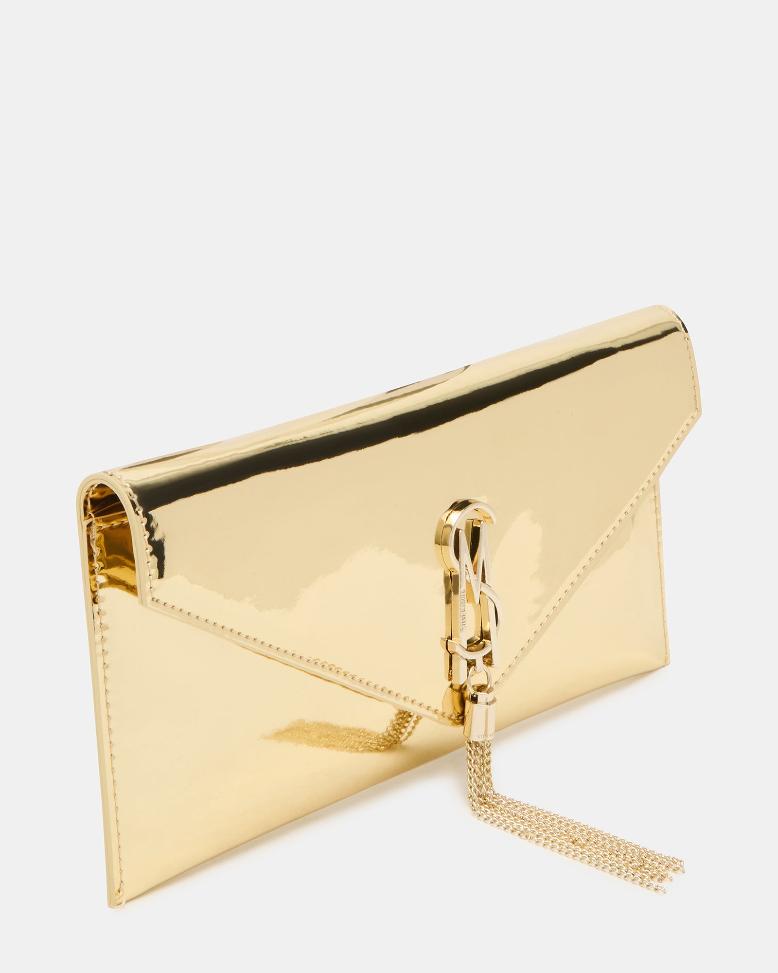 Front view of envelope clutch bag with gold tassel detail