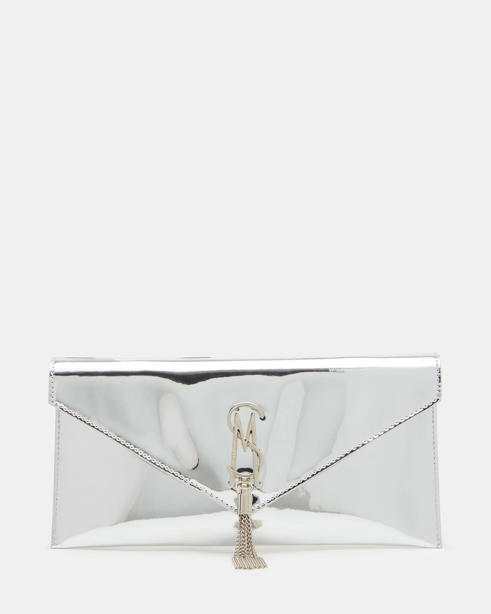 Close-up of silver patent evening bag with chain tassel detail