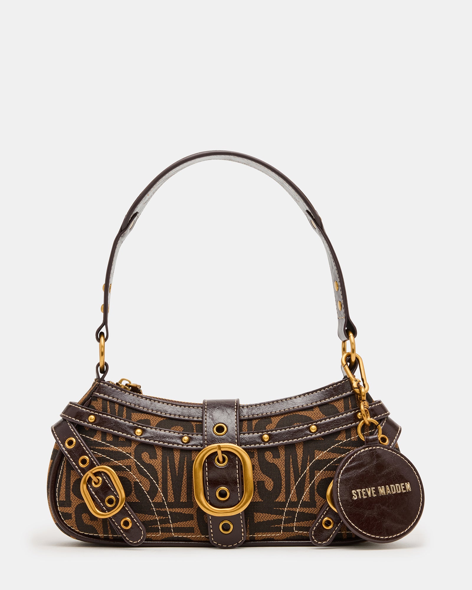Front view of the Y2K shoulder bag showcasing the vintage buckle and logo print.