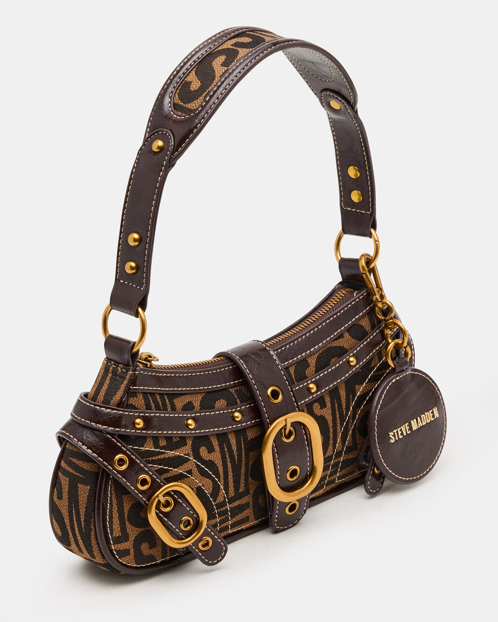 Front view of the Y2K shoulder bag showcasing the vintage buckle and logo print.