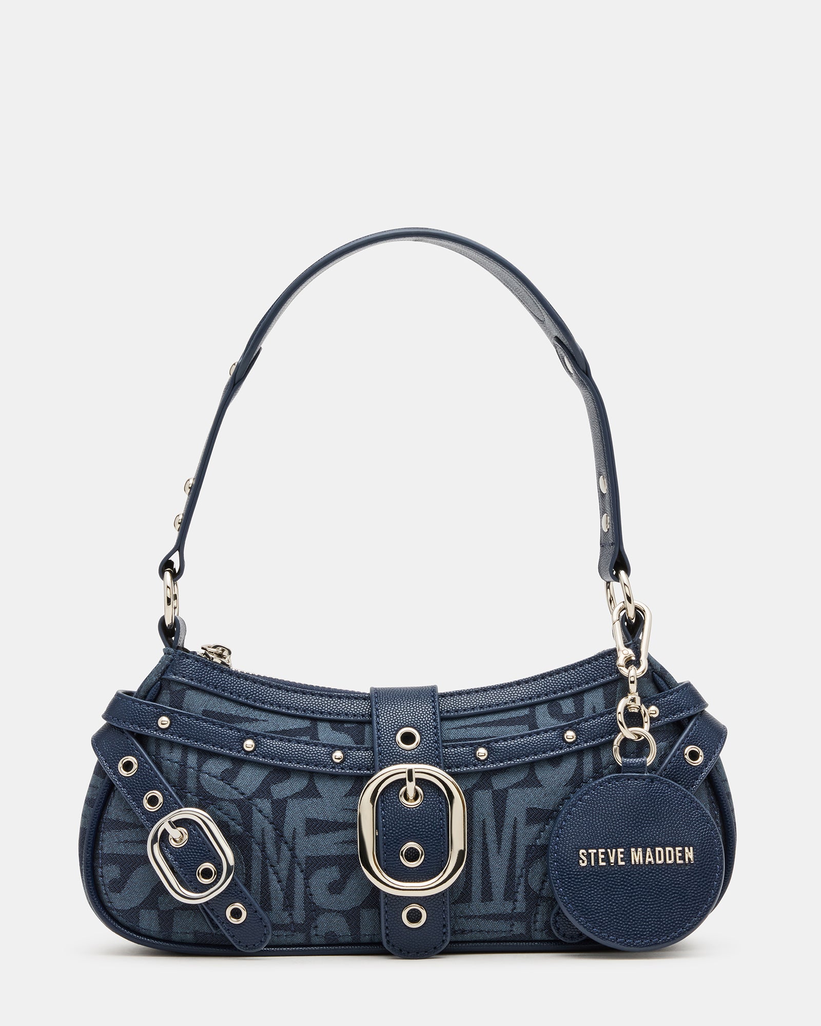 Front view of MOTORR denim shoulder bag with vintage buckle and logo print