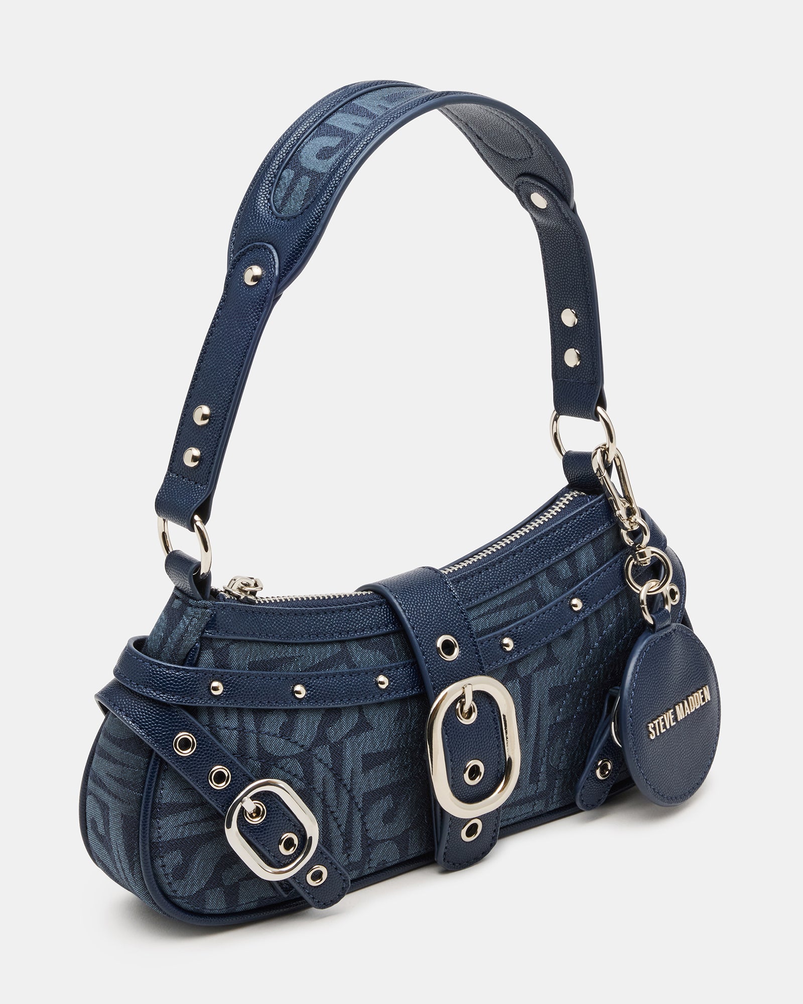 Front view of MOTORR denim shoulder bag with vintage buckle and logo print
