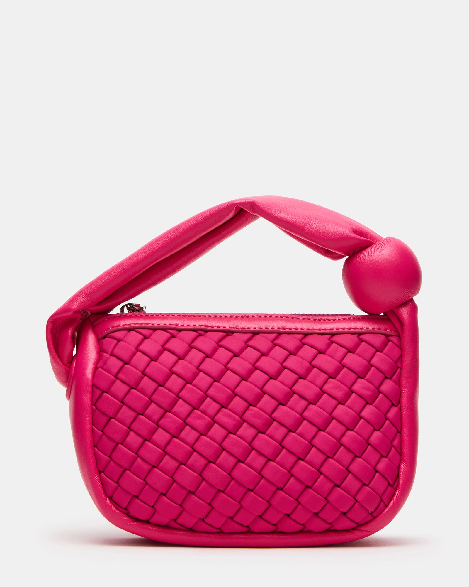 Front view of chic fuchsia neoprene mini bag with puffed handle.