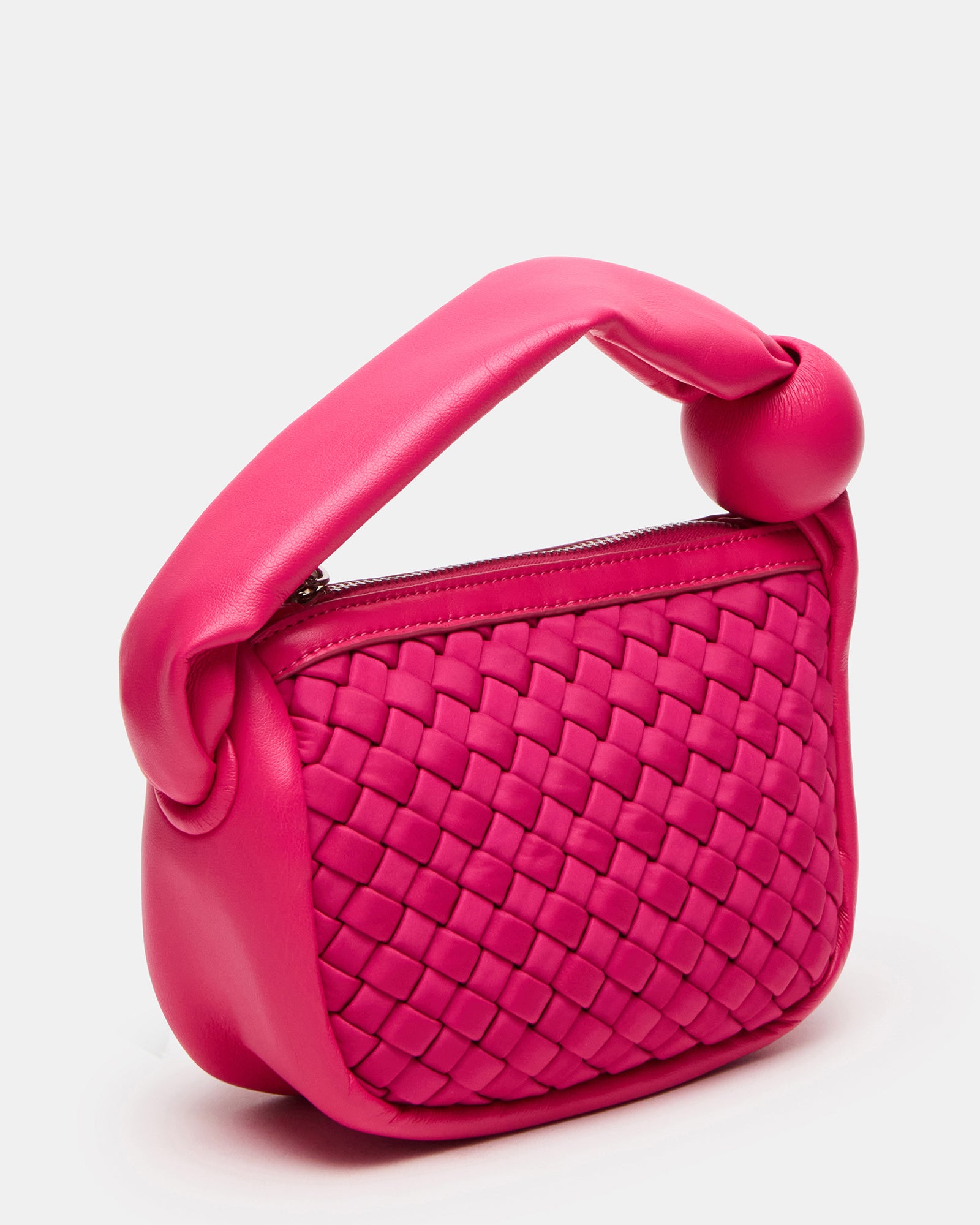 Front view of chic fuchsia neoprene mini bag with puffed handle.
