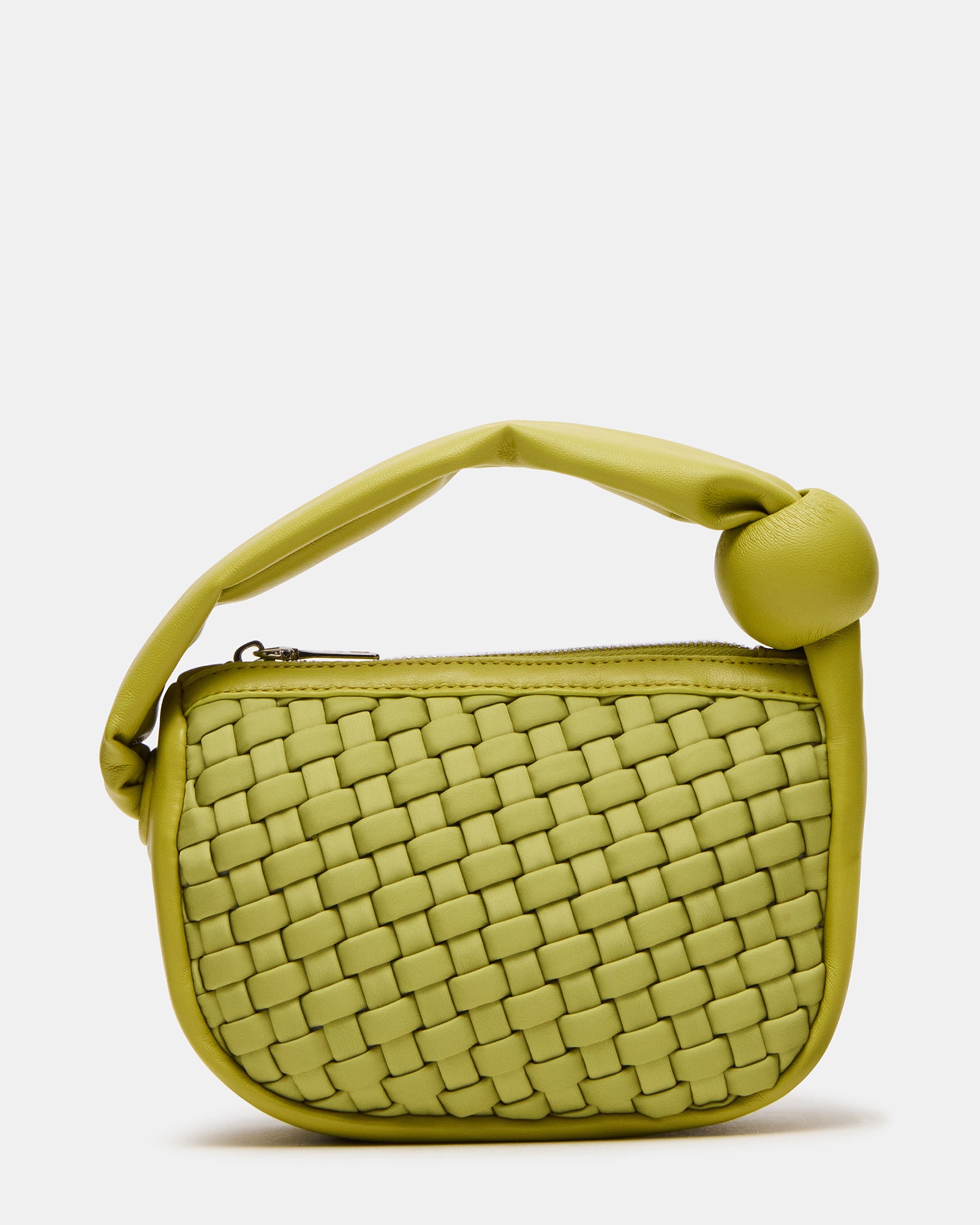 Woven leather mini bag with puffed handle on a stylish background.