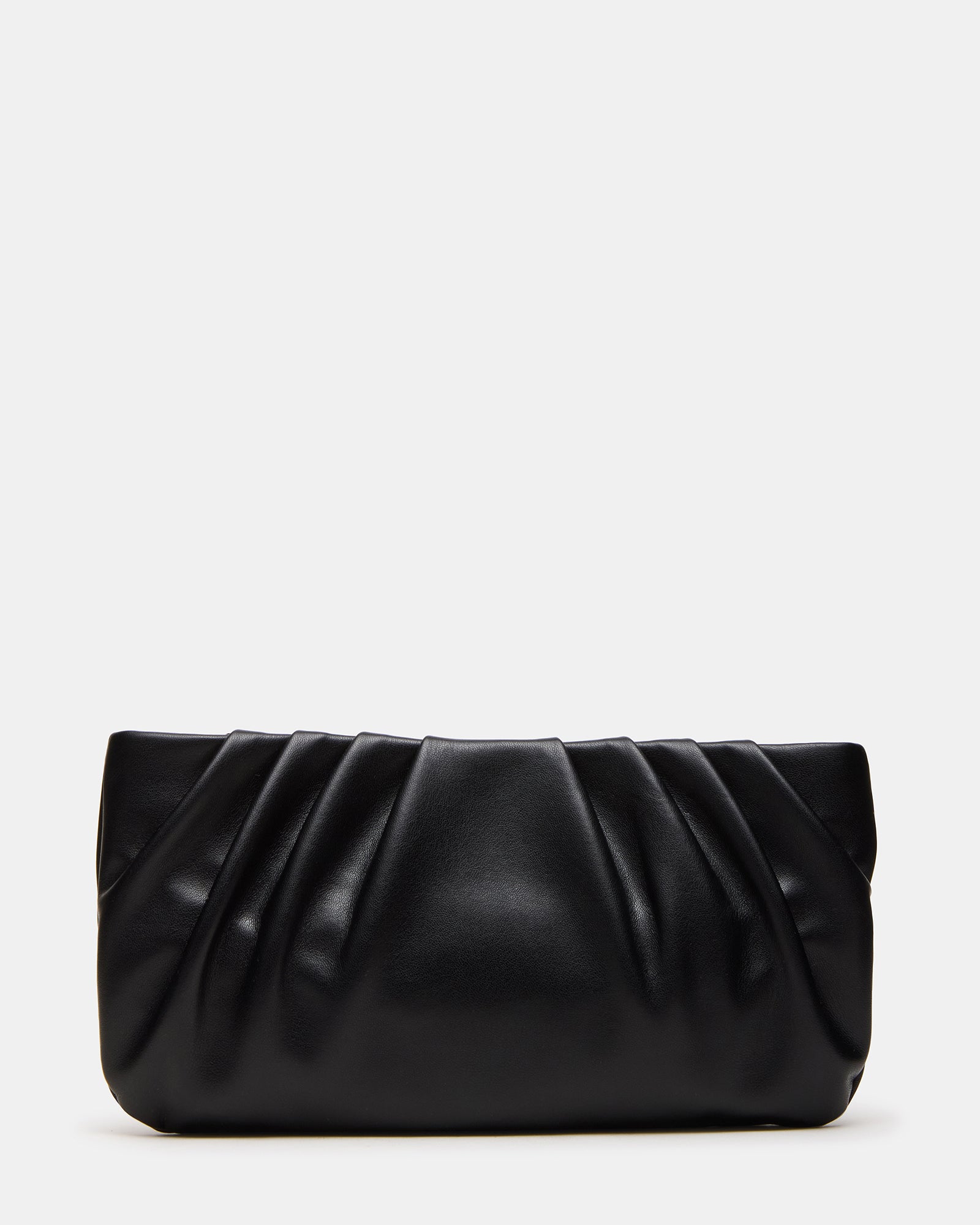 Front view of black crossbody bag with pleated design and chain strap