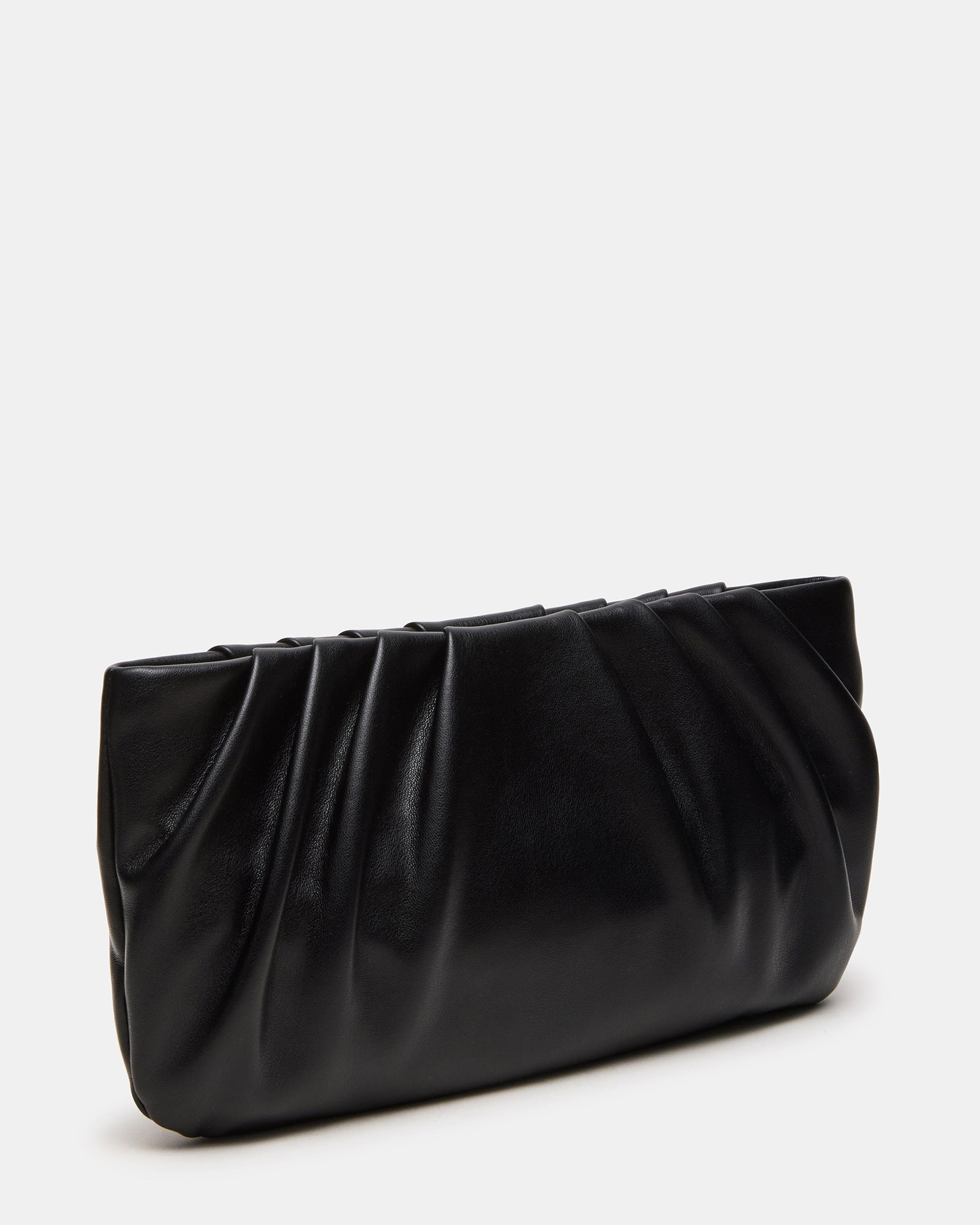 Front view of black crossbody bag with pleated design and chain strap