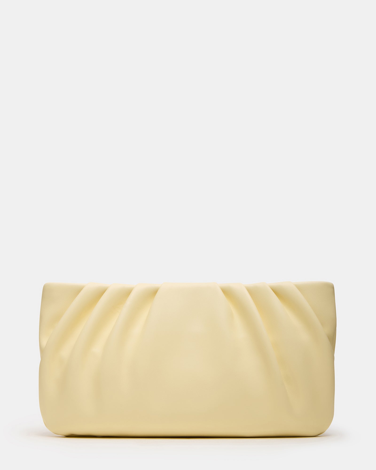 Front view of pleated clutch bag with removable chain crossbody strap