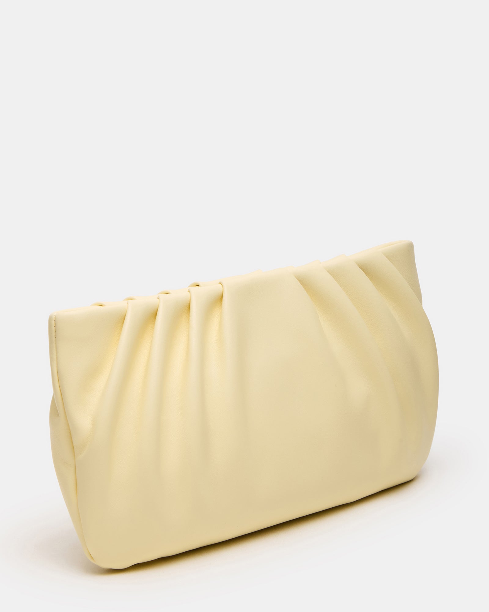 Front view of pleated clutch bag with removable chain crossbody strap
