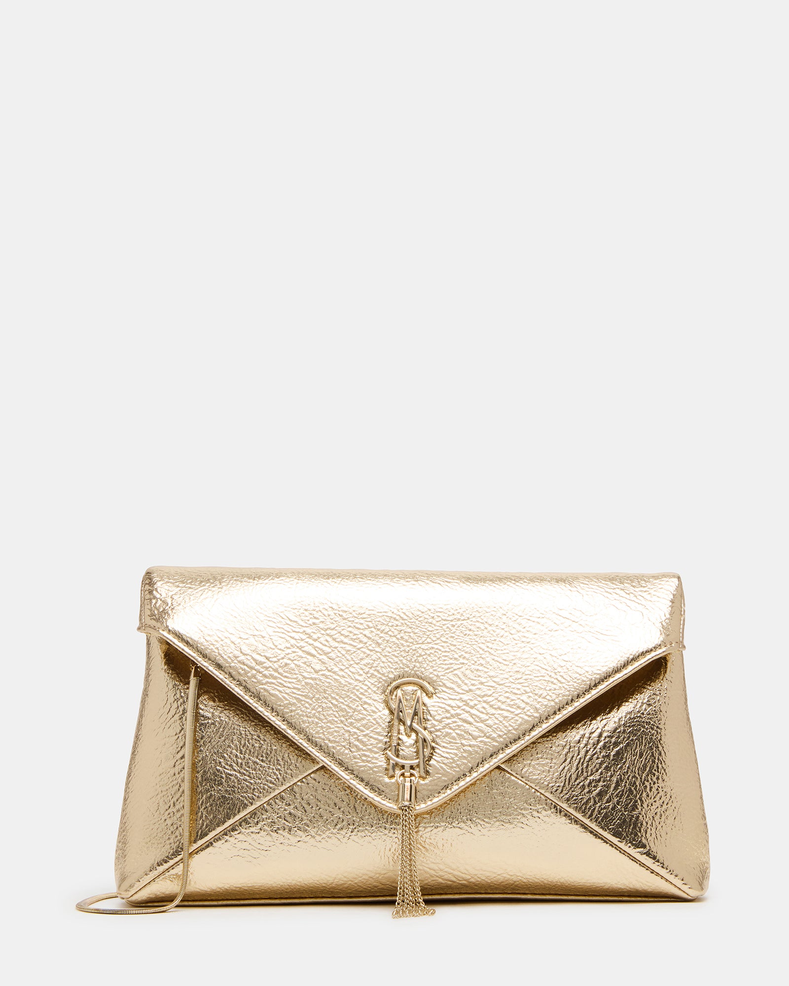 Chic Champagne Clutch Handbag showcasing its stylish design and tassel logo.