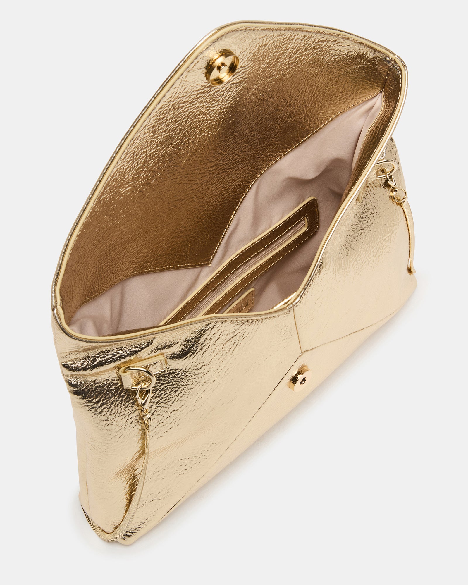 Chic Champagne Clutch Handbag showcasing its stylish design and tassel logo.