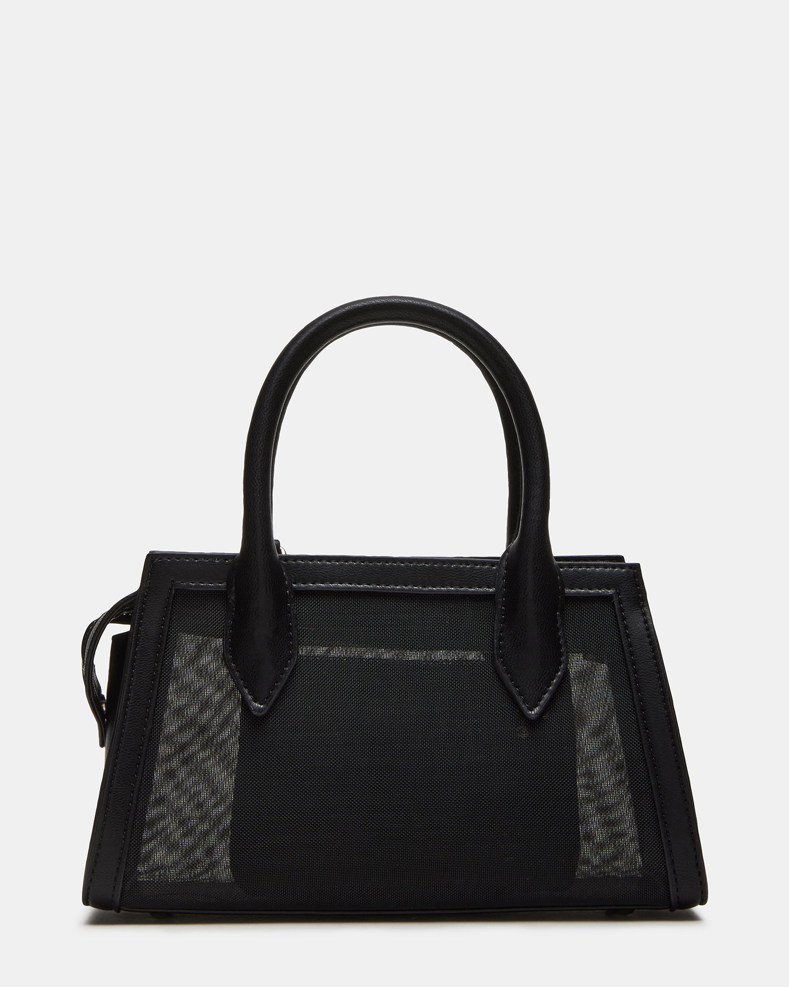 Model wearing the black mesh handbag at a social event