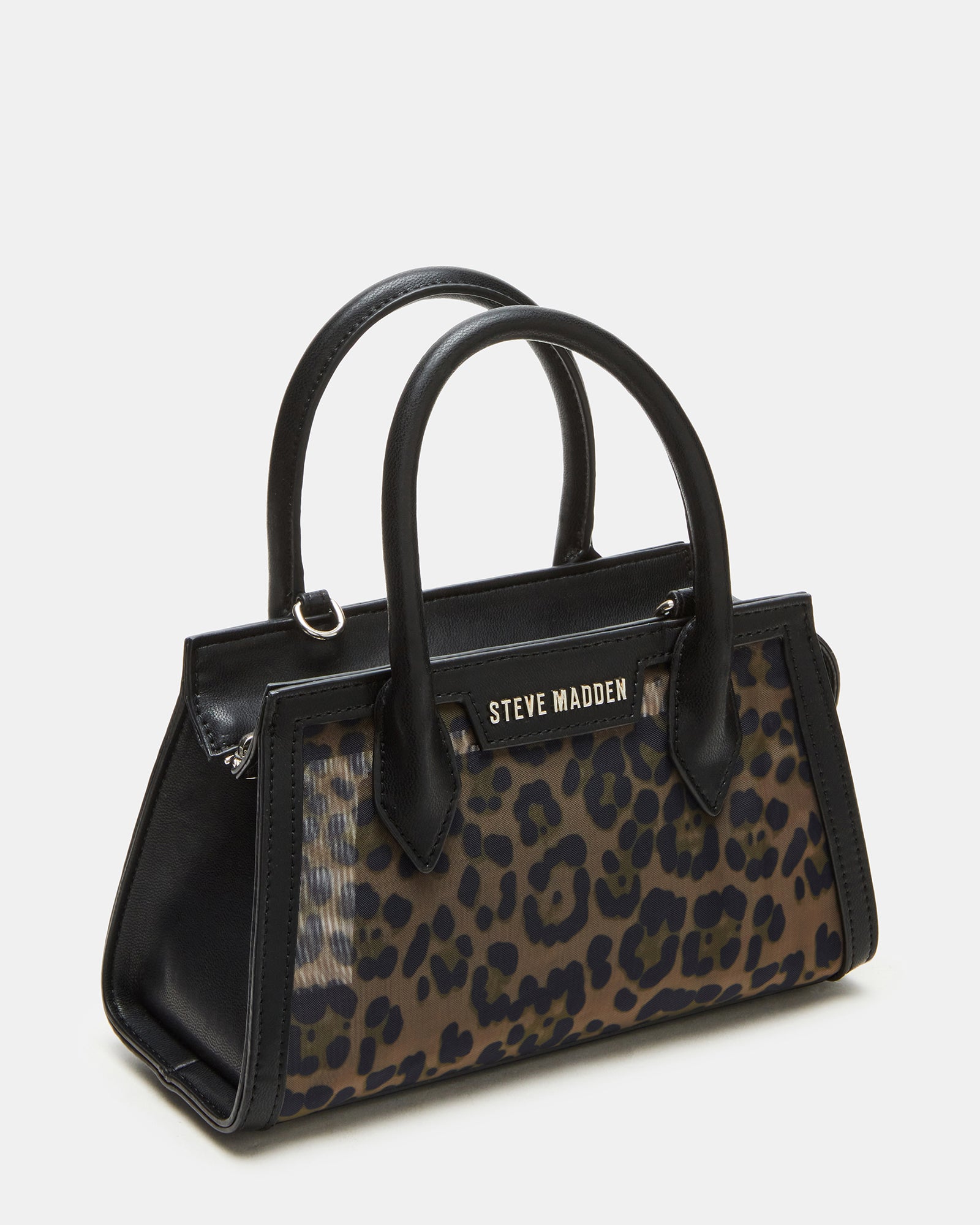 Front view of mini handbag black mesh with leopard pattern and top handle