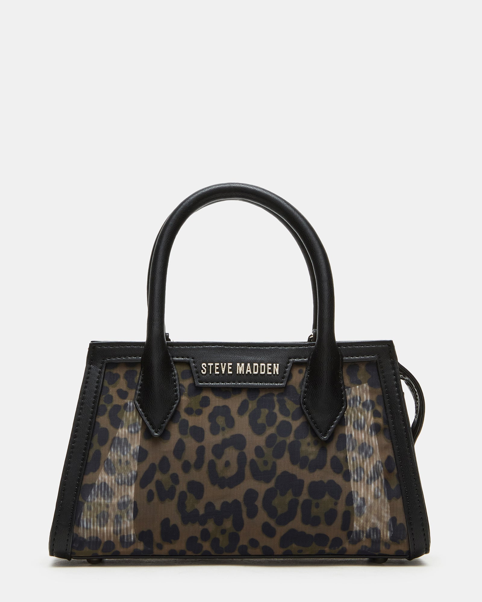 Front view of mini handbag black mesh with leopard pattern and top handle
