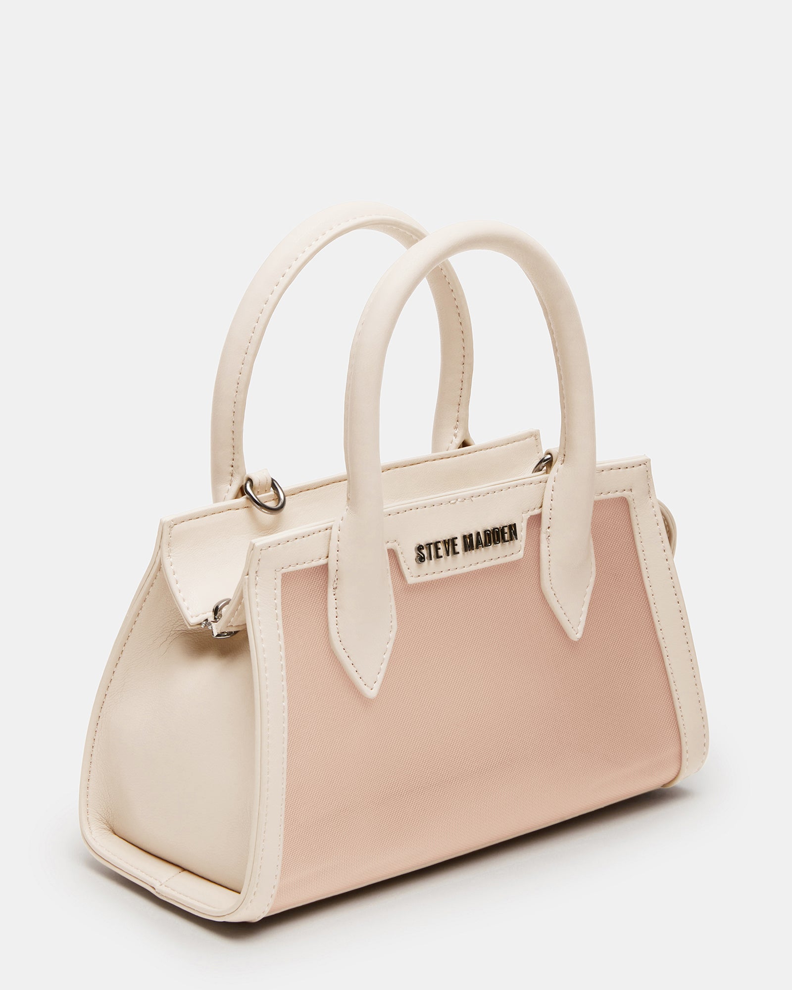 Front view of the Peachy Natural mini bag with mesh exterior and top zipper closure