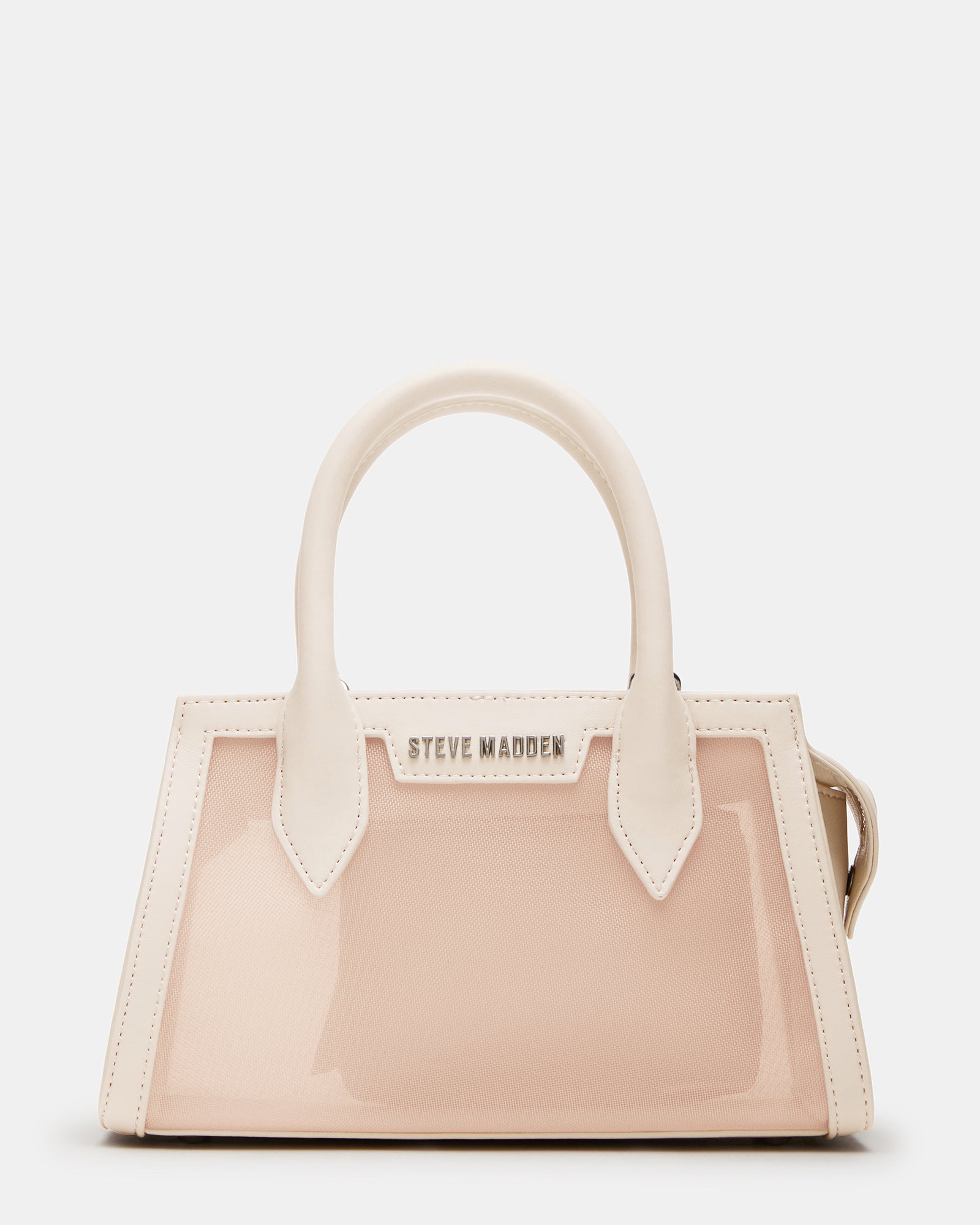 Front view of the Peachy Natural mini bag with mesh exterior and top zipper closure