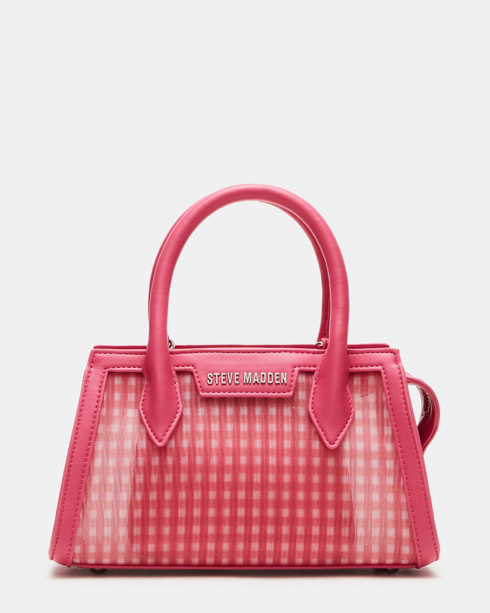 Side angle of red gingham mini handbag styled with summer dress