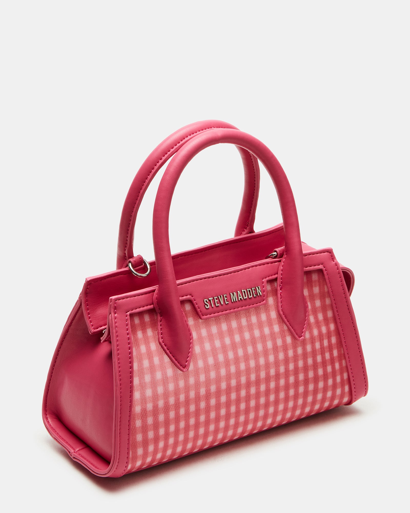 Side angle of red gingham mini handbag styled with summer dress