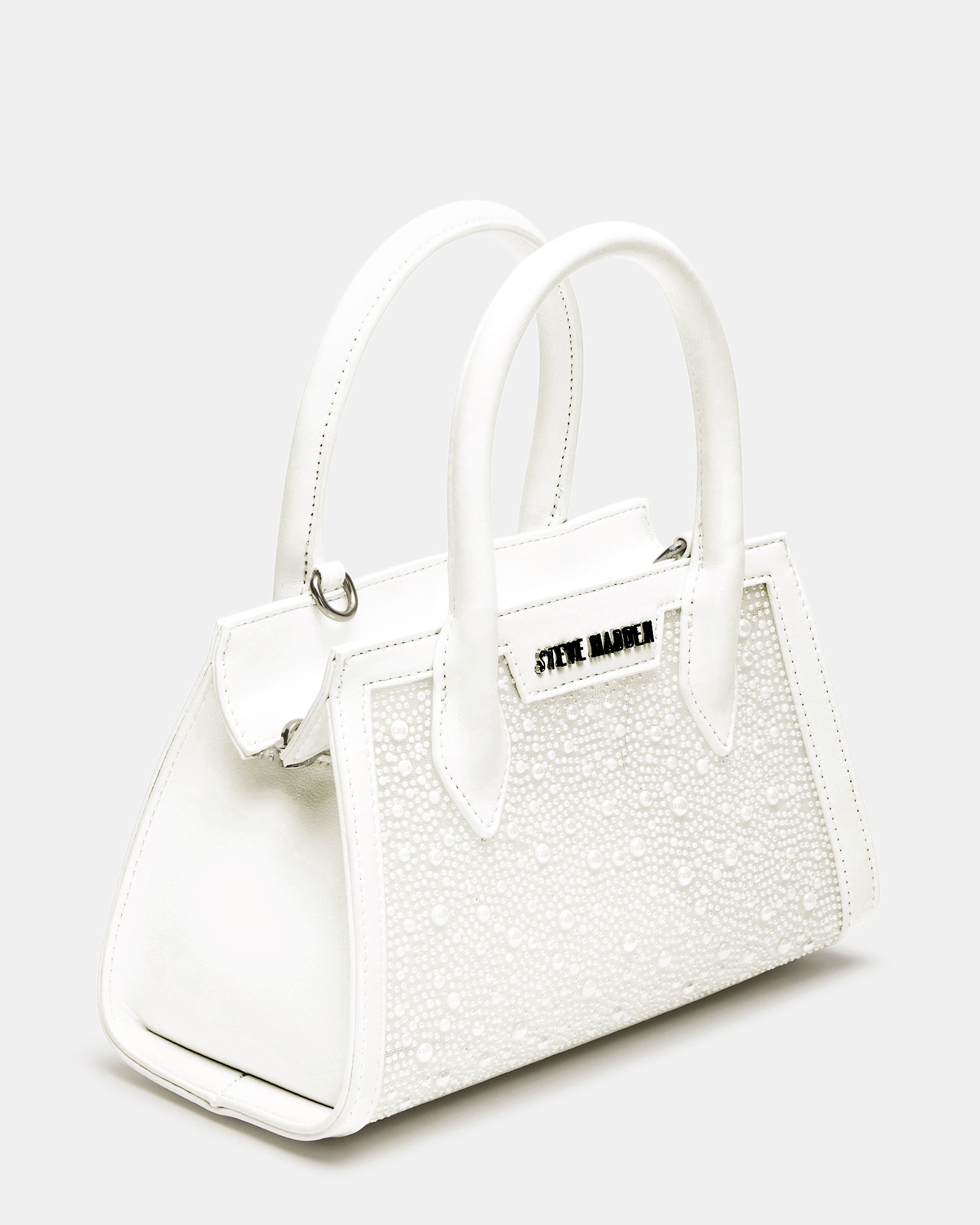 Front-facing view of mini handbag with pearl mesh detailing and top handle