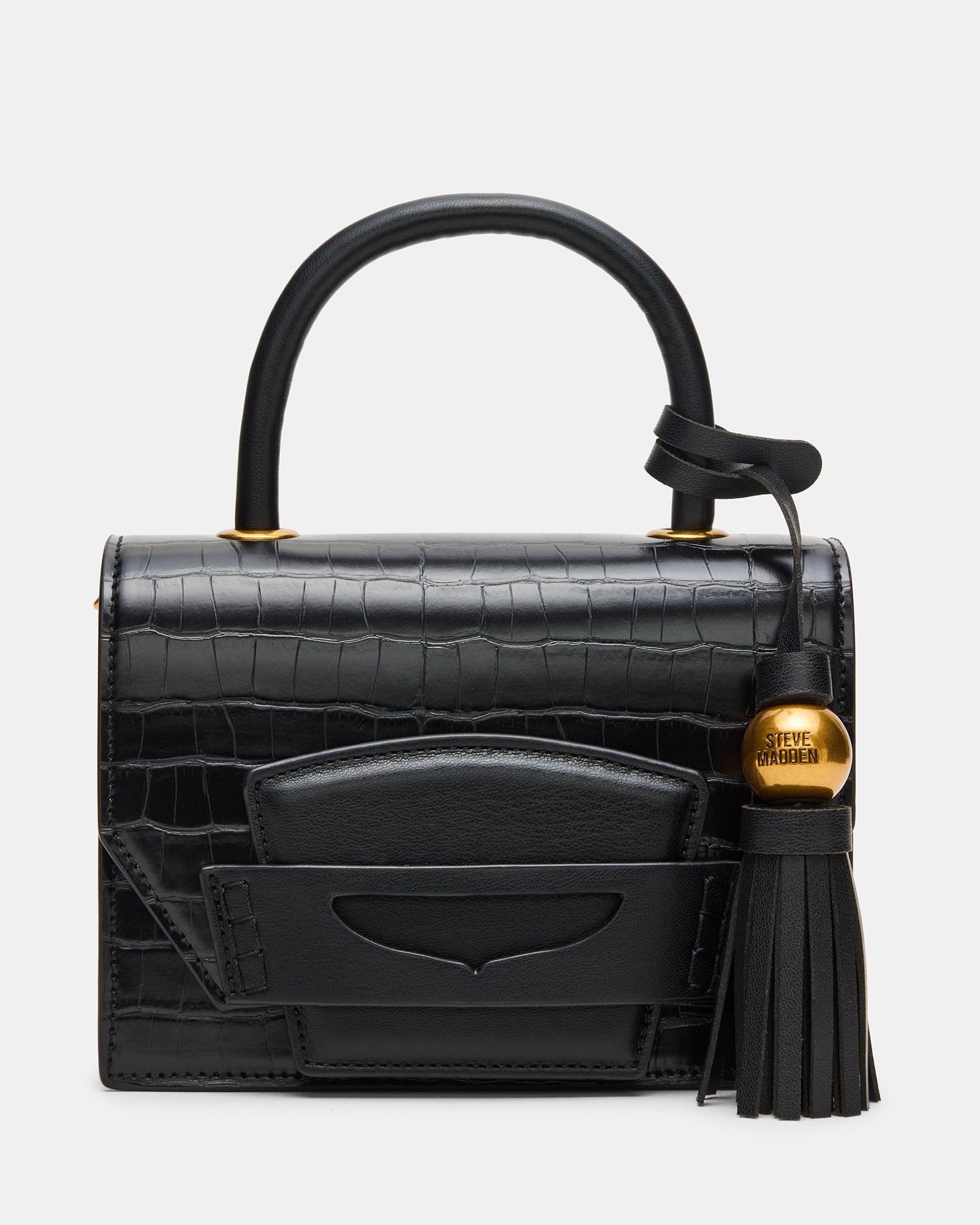 Chic black preppy crossbody bag with tubular handle and penny loafer detail.