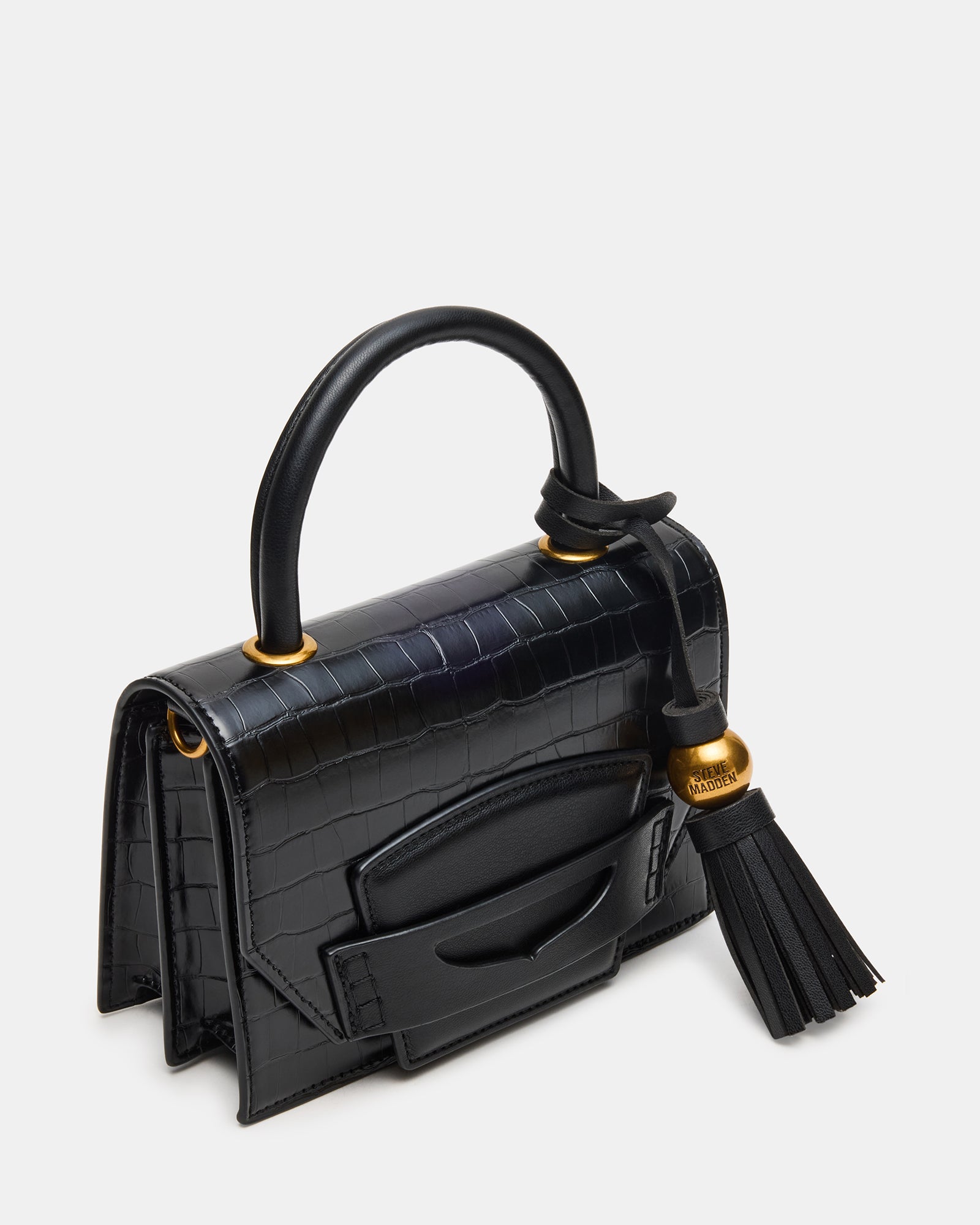 Chic black preppy crossbody bag with tubular handle and penny loafer detail.
