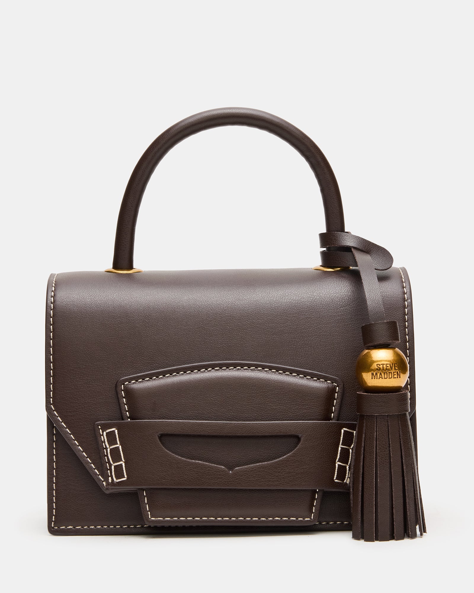 Front view of the chic black crossbody bag showcasing its penny loafer detail.