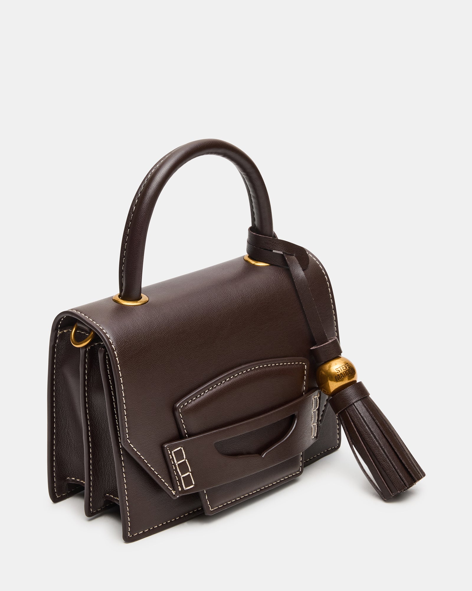 Front view of the chic black crossbody bag showcasing its penny loafer detail.