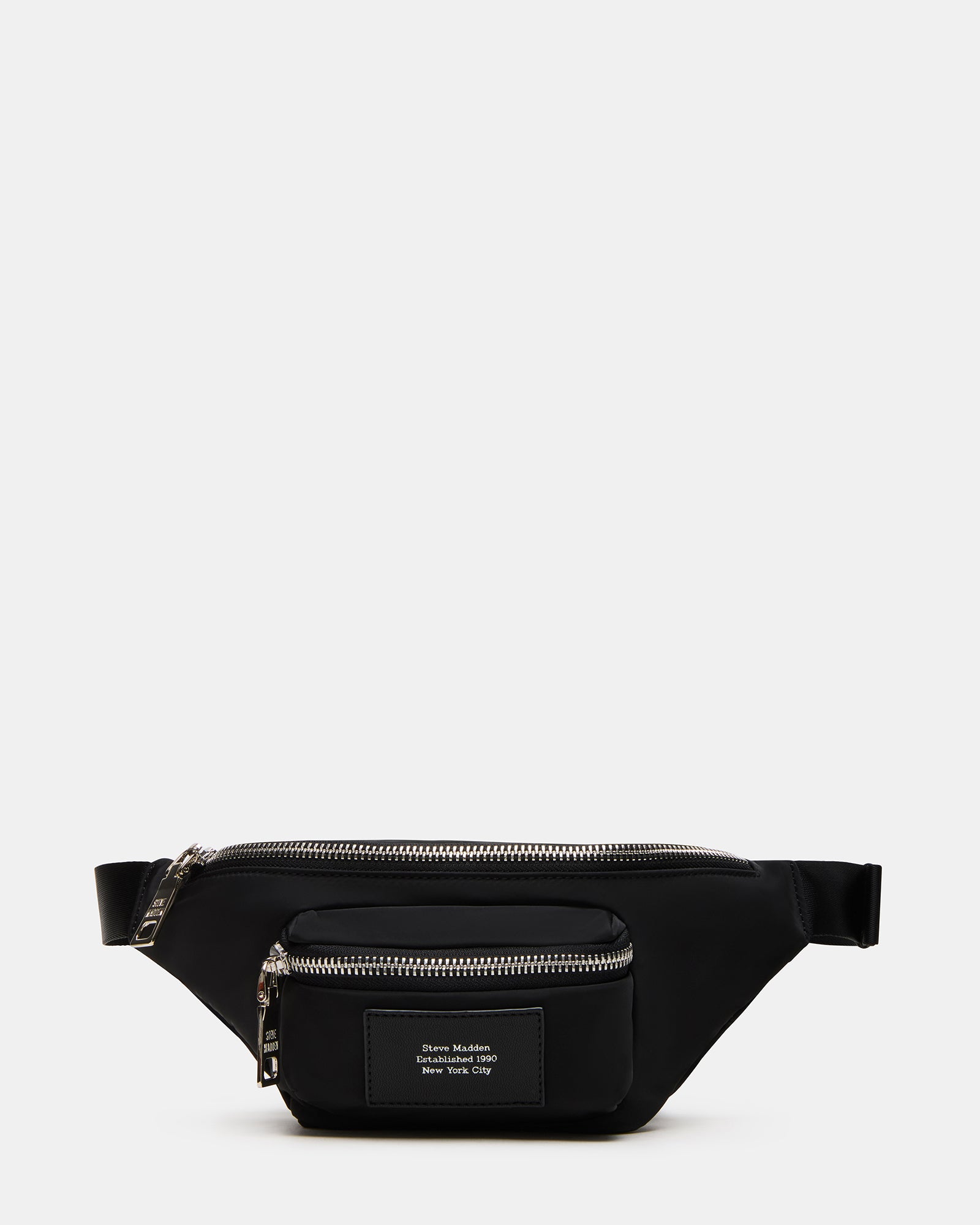 Black nylon crossbody bag with adjustable strap and oversized zipper pullers for active use