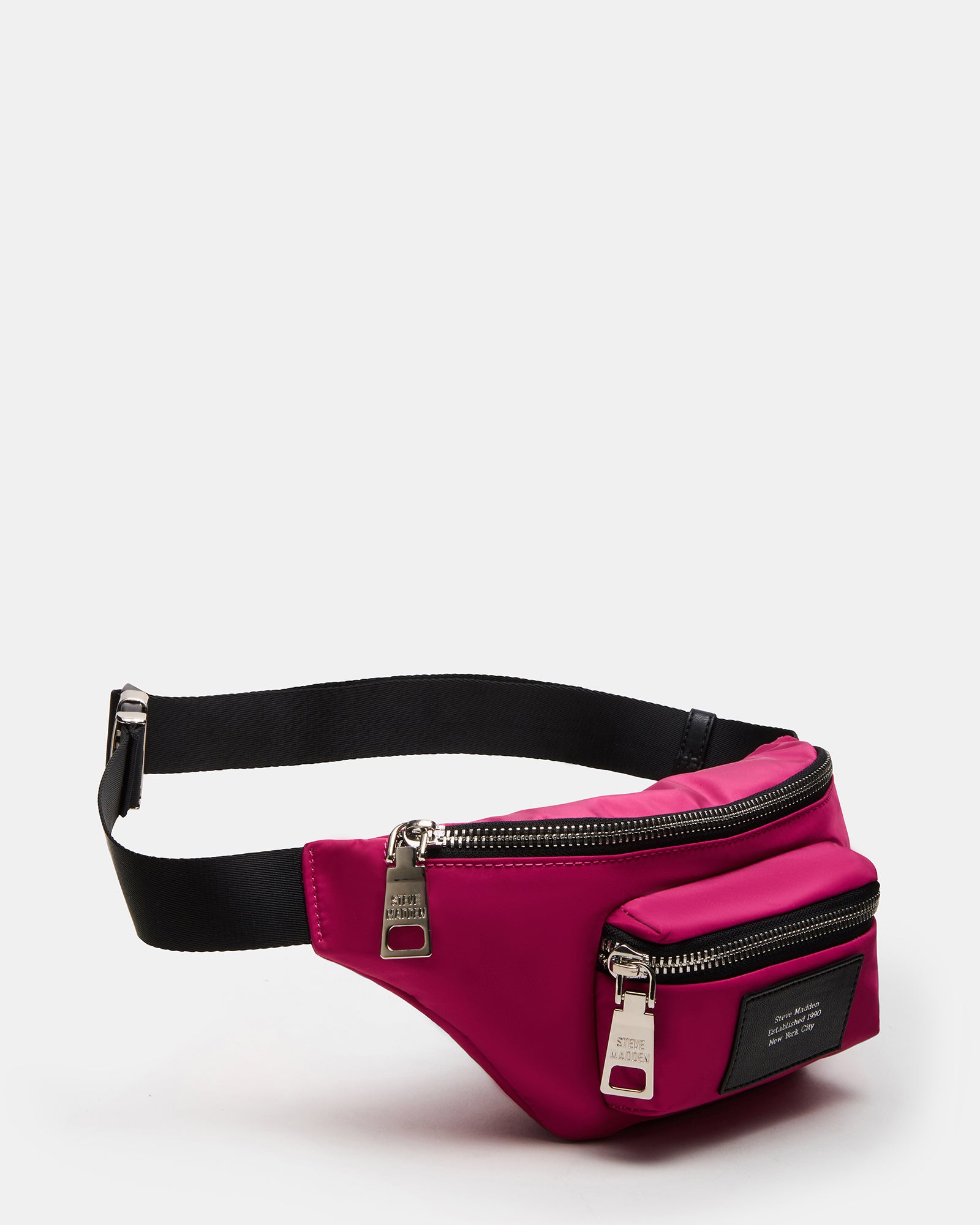 Front view of fuchsia belt bag with buckle strap, styled for active urban days