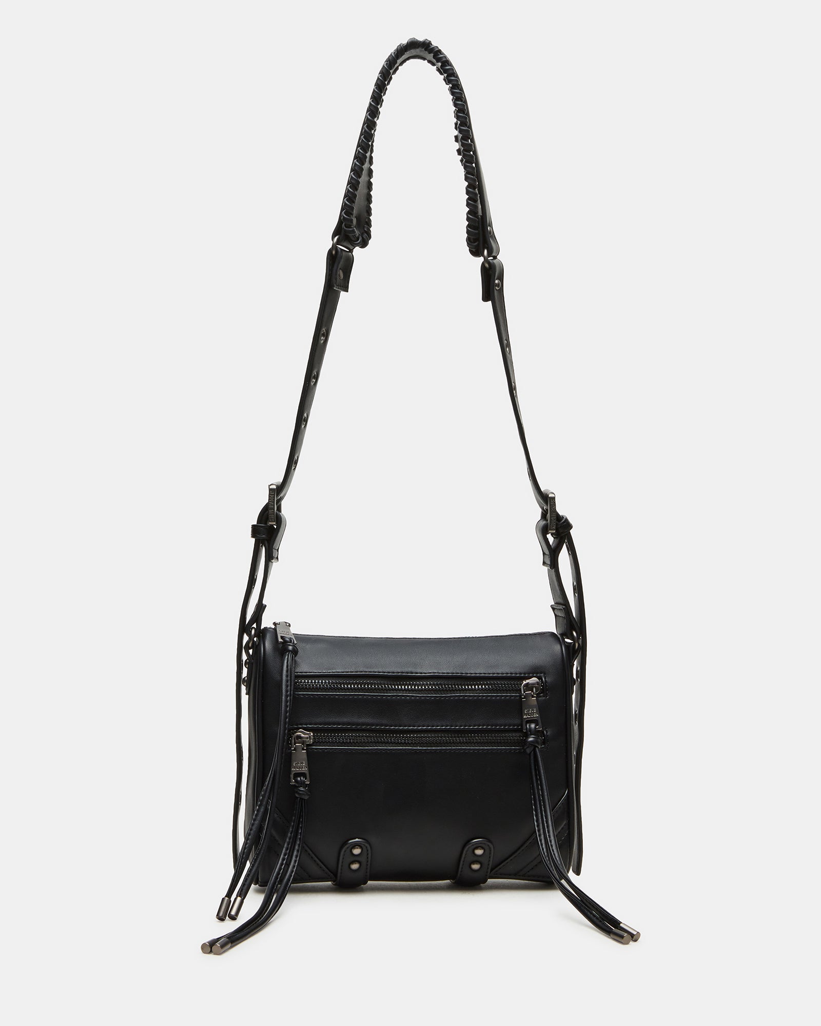 Front view of the Rigby black crossbody bag showcasing fringe details.
