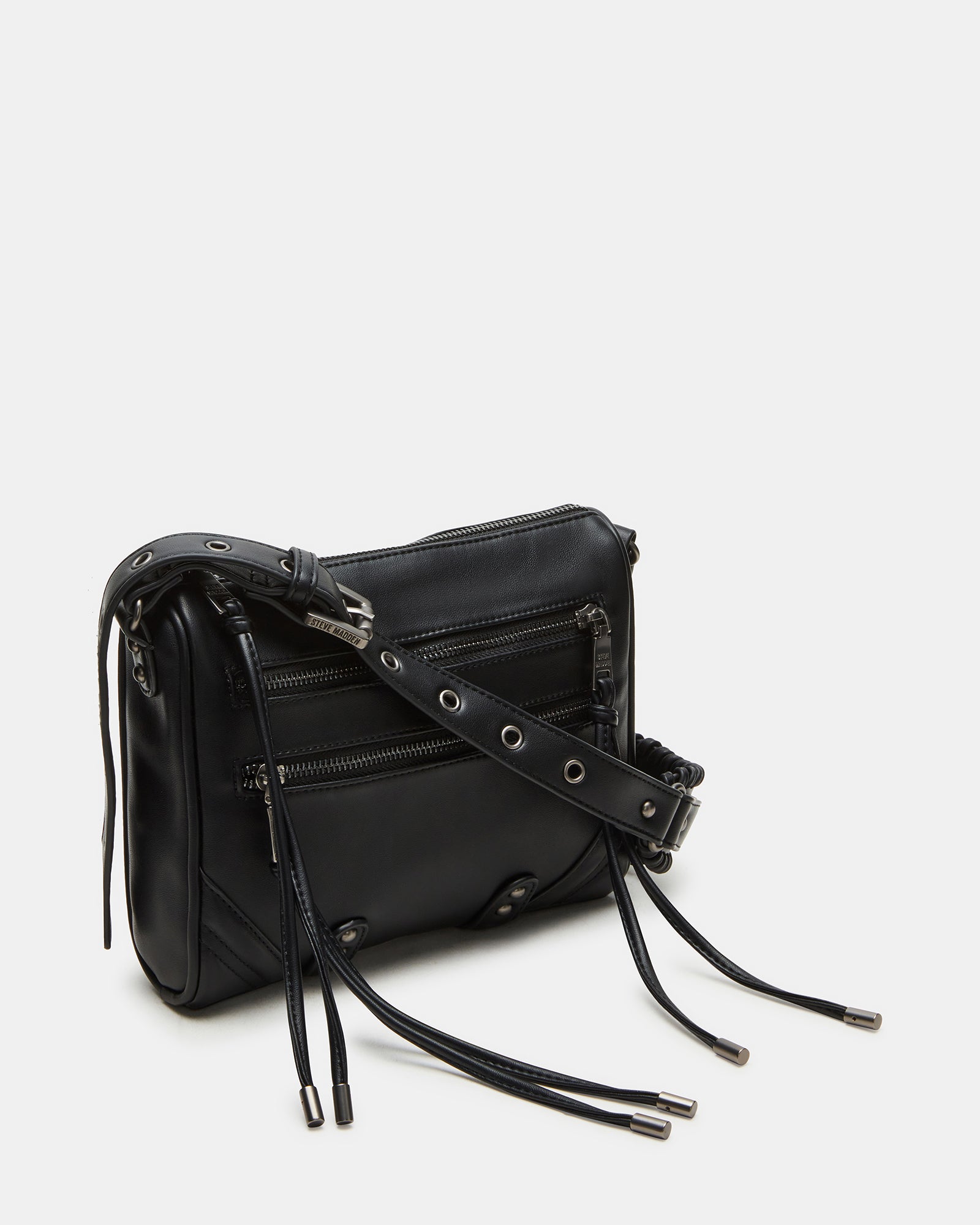 Front view of the Rigby black crossbody bag showcasing fringe details.