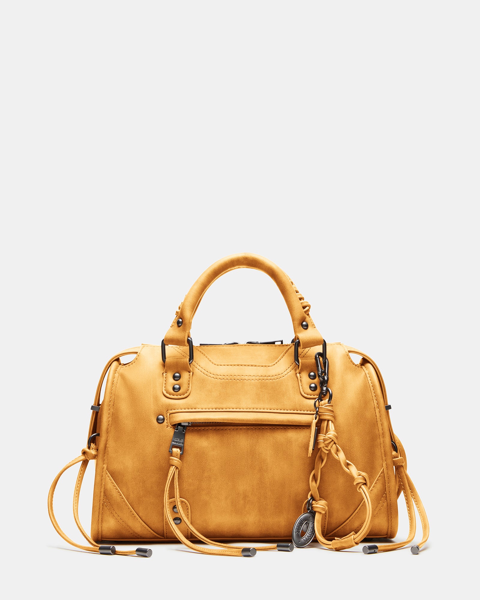 Side view of the RIGGS Banana leather crossbody bag with fringe accents
