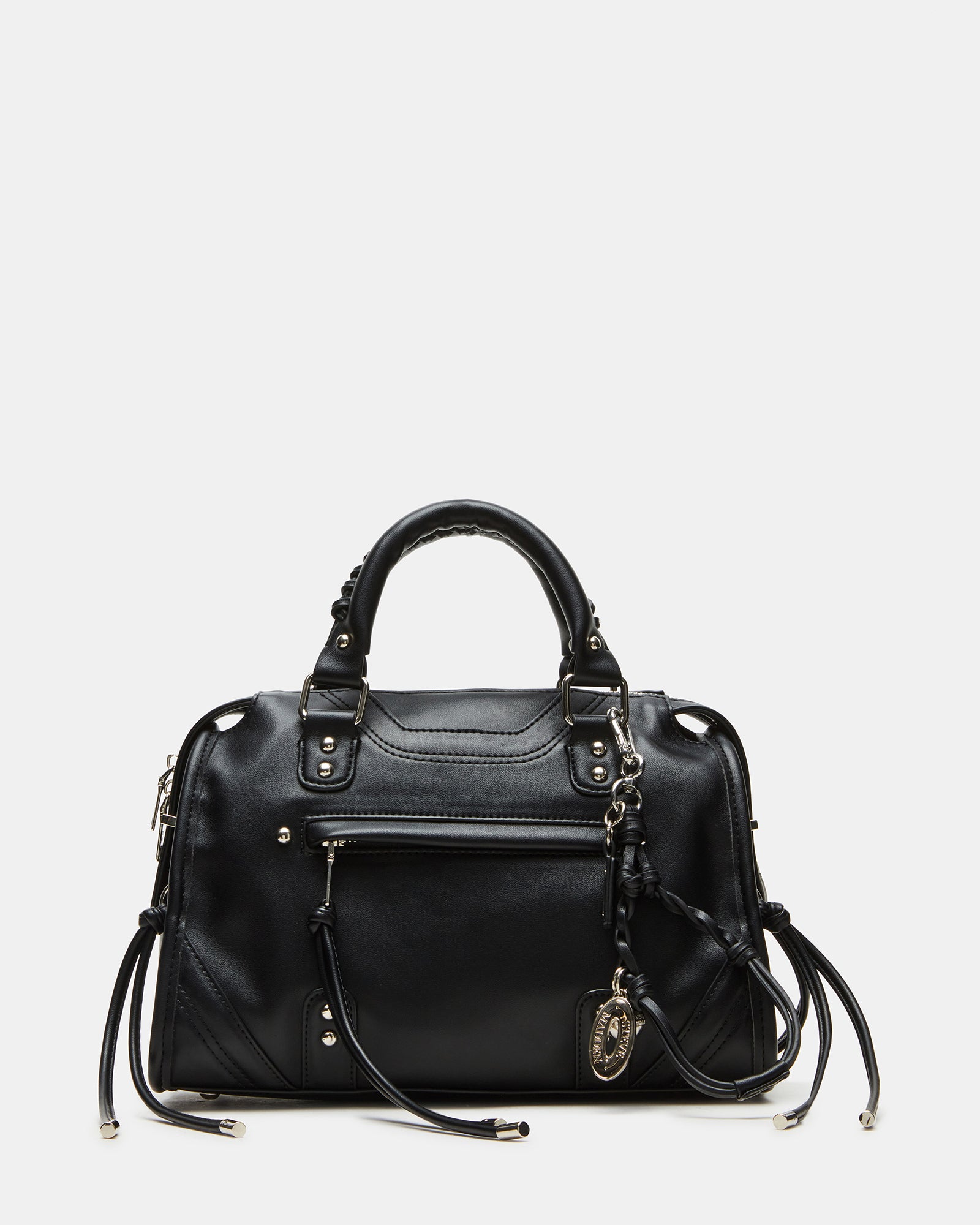Front view of distressed handbag with braided fringe and dome studs