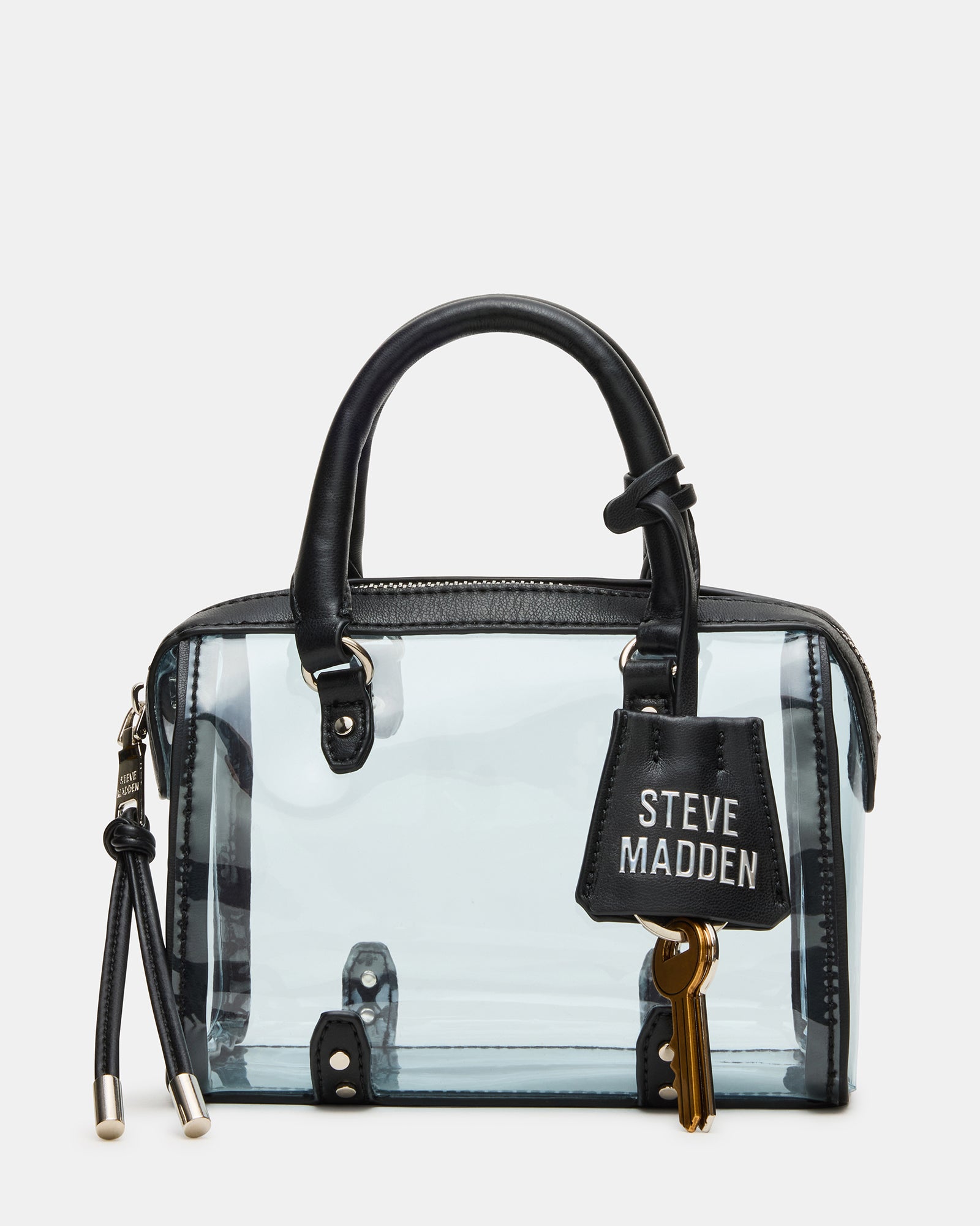 Front view of the RIVAL mini clear crossbody bag with transparent design and top-handle