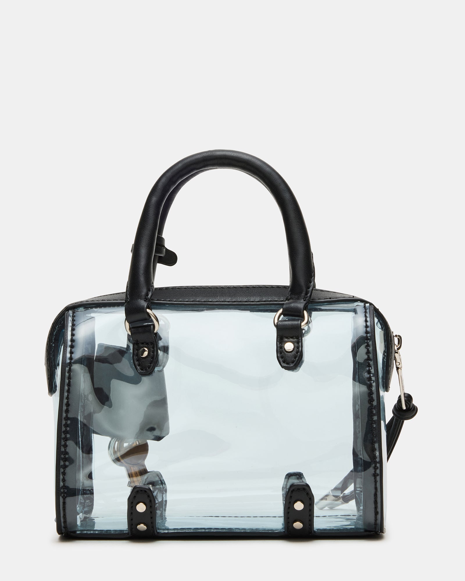 Close-up of the adjustable crossbody strap on the mini clear bag