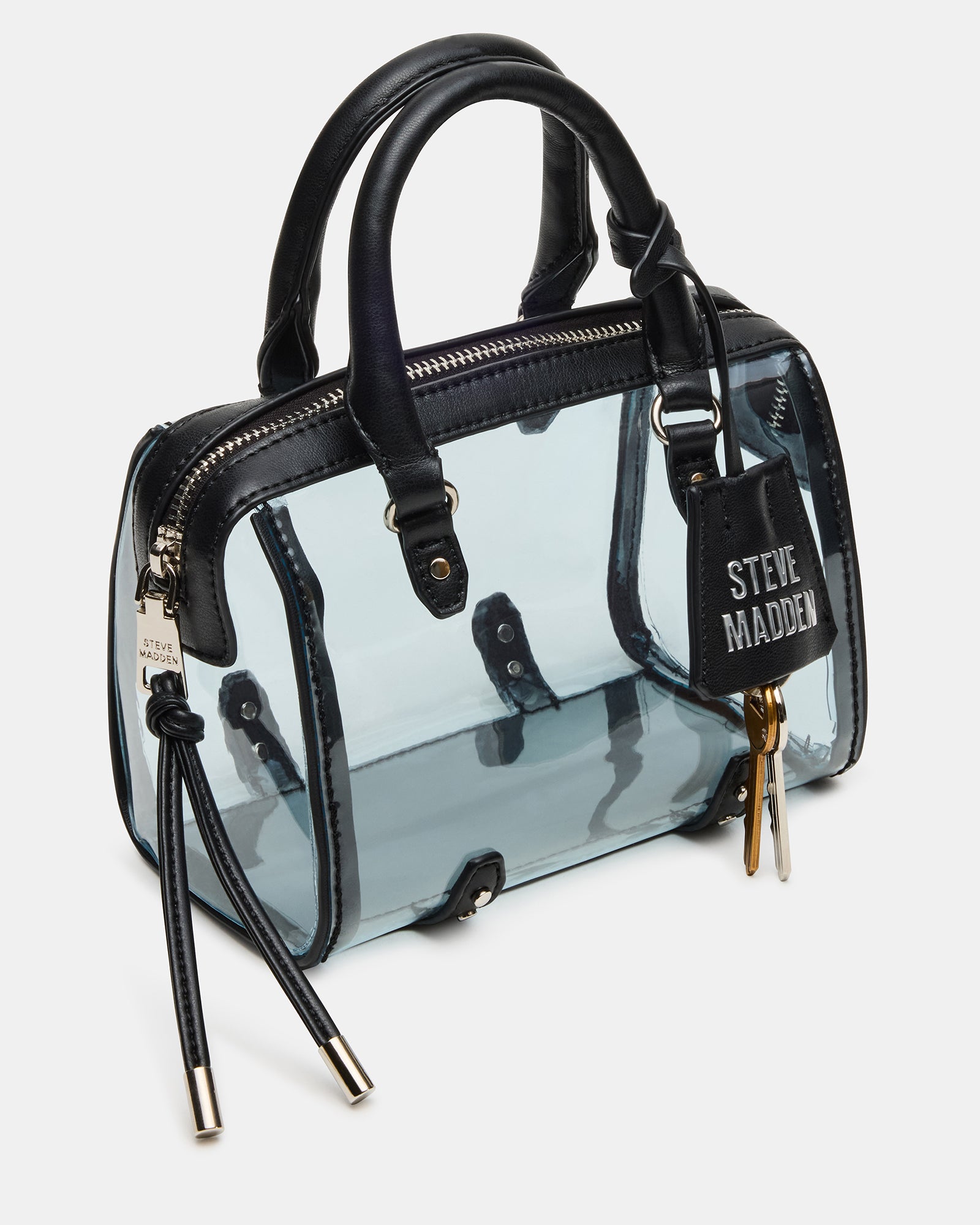 Front view of the RIVAL mini clear crossbody bag with transparent design and top-handle